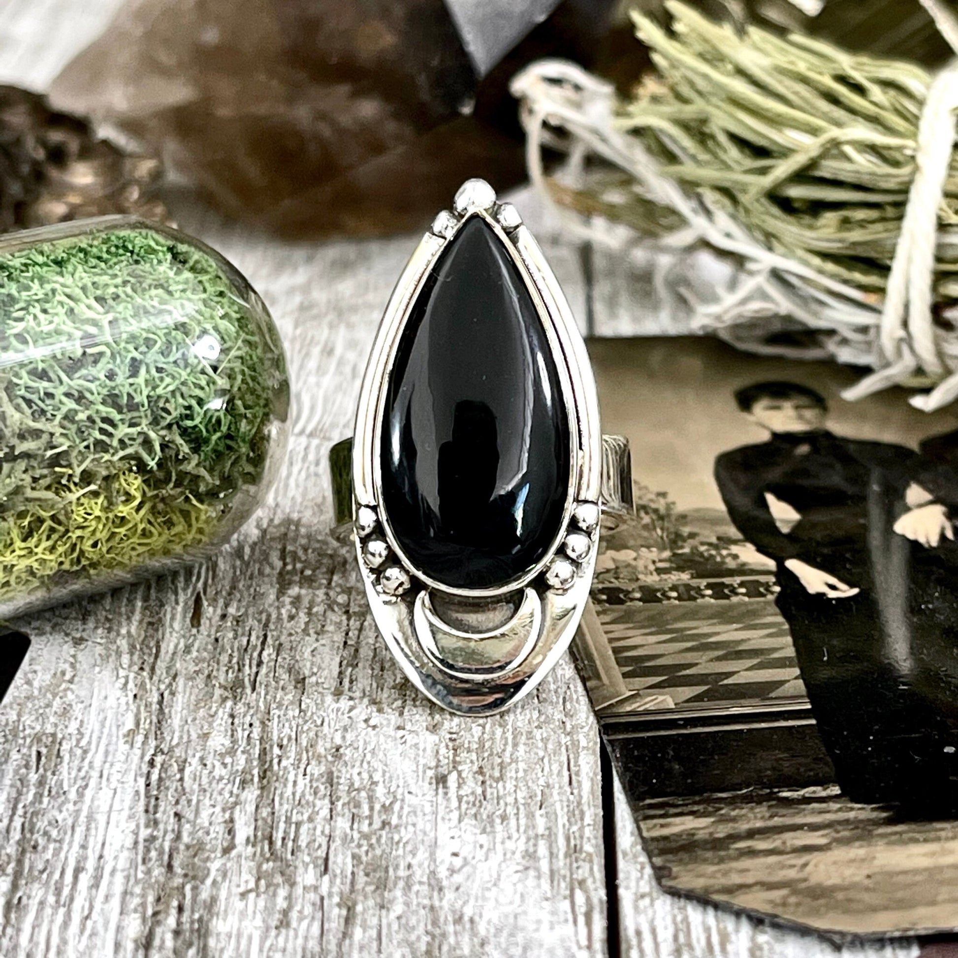 Black Obsidian Crystal Ring in Sterling Silver, Midnight Moon Ring / Designed by FOXLARK Adjustable to Size 6 7 8 9 Gemstone Jewelry Goth Ring.