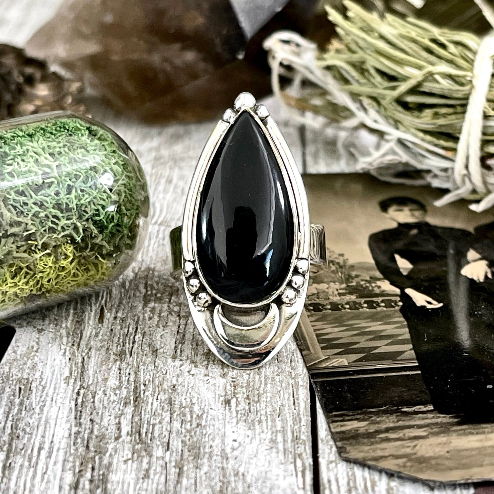 Midnight Moon Black Obsidian Teardrop Crystal Ring in Sterling Silver- Designed by FOXLARK Collection Adjustable to Size 6 7 8 9