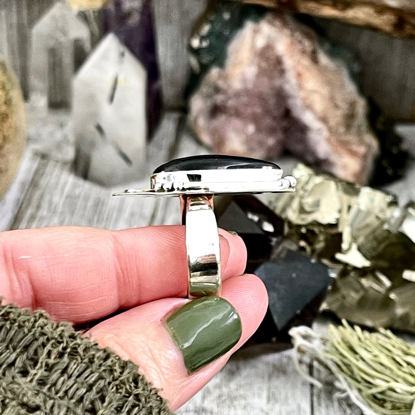Black Obsidian Crystal Ring in Sterling Silver, Midnight Moon Ring / Designed by FOXLARK Adjustable to Size 6 7 8 9 Gemstone Jewelry Goth Ring.