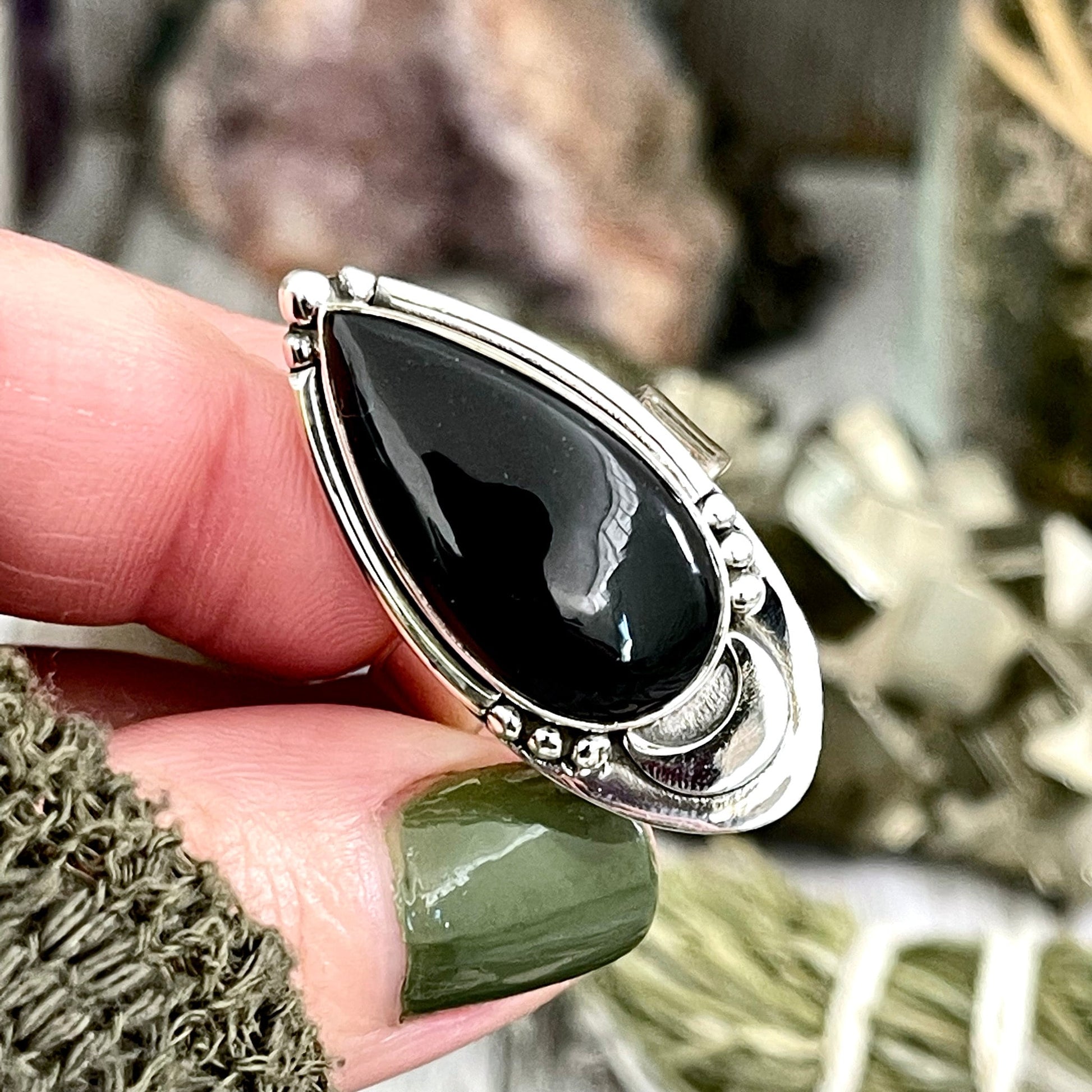 Midnight Moon Black Obsidian Teardrop Crystal Ring in Sterling Silver- Designed by FOXLARK Collection Adjustable to Size 6 7 8 9