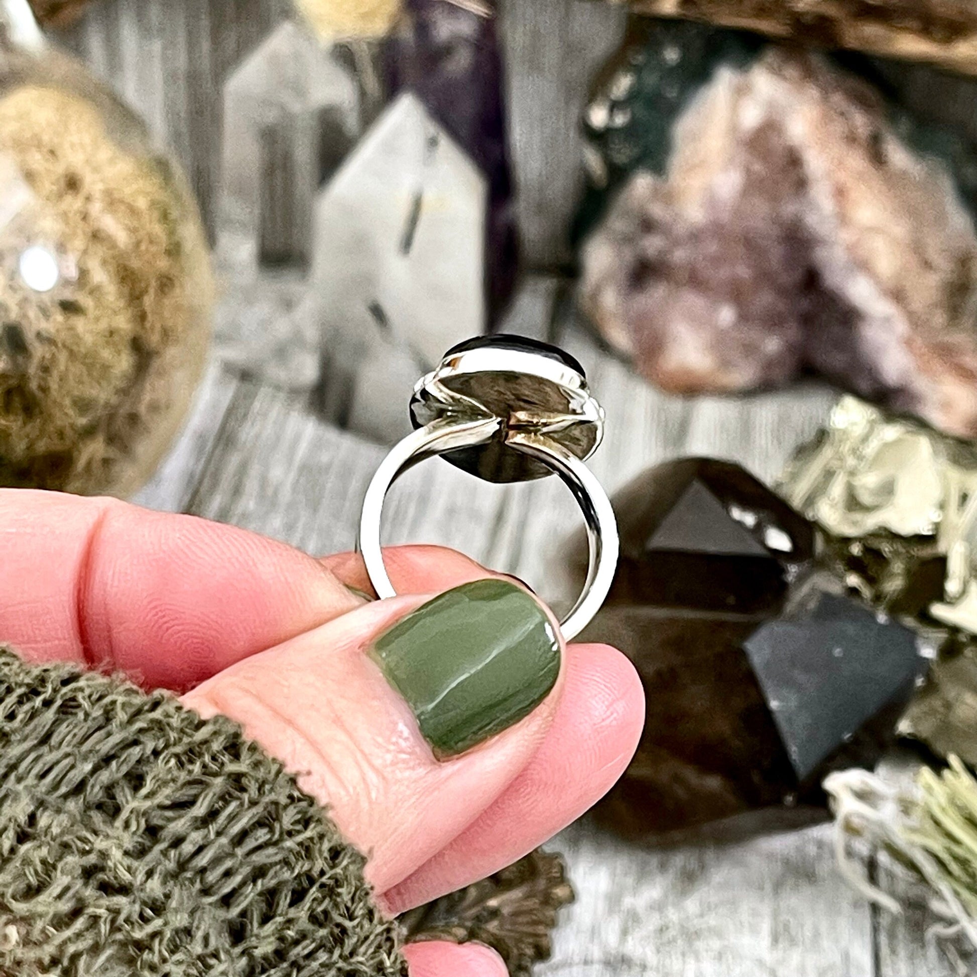 Black Obsidian Crystal Ring in Sterling Silver, Midnight Moon Ring / Designed by FOXLARK Adjustable to Size 6 7 8 9 Gemstone Jewelry Goth Ring.