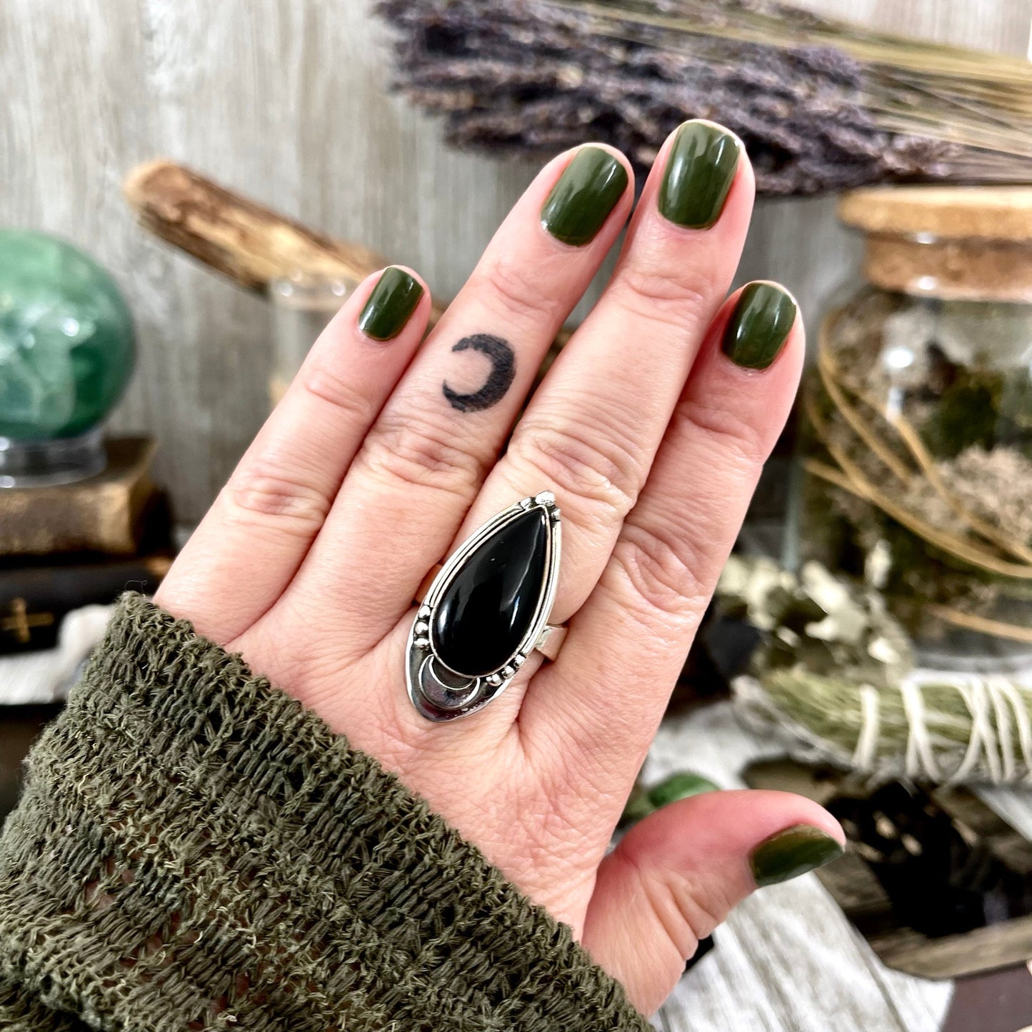 Black Obsidian Crystal Ring in Sterling Silver, Midnight Moon Ring / Designed by FOXLARK Adjustable to Size 6 7 8 9 Gemstone Jewelry Goth Ring.