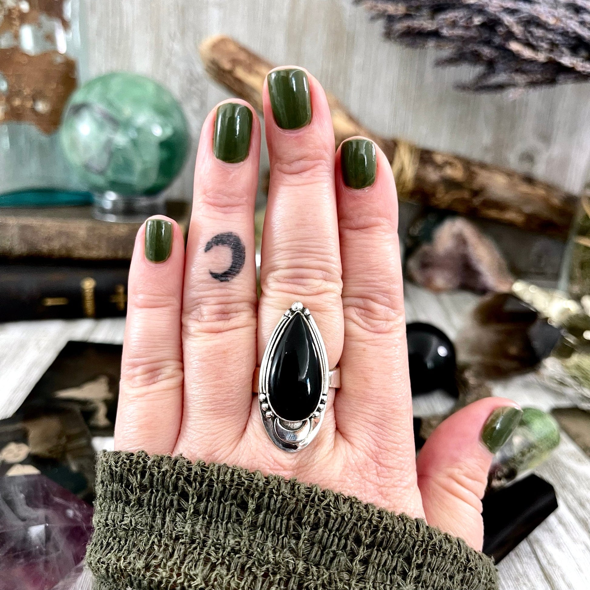 Midnight Moon Black Obsidian Teardrop Crystal Ring in Sterling Silver- Designed by FOXLARK Collection Adjustable to Size 6 7 8 9