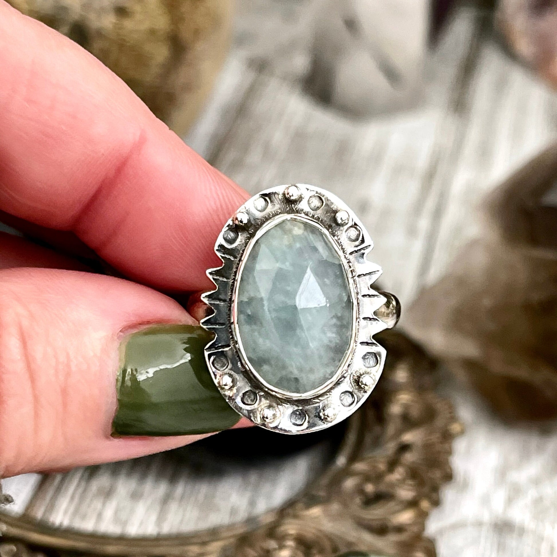 Aquamarine Oval Crystal Statement Ring in Sterling Silver Available in Size 8 9 10 - Foxlark Crystal Jewelry