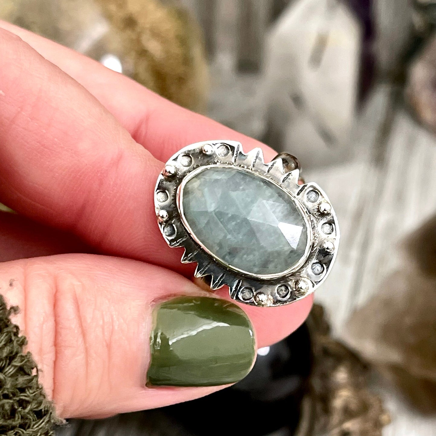 Aquamarine Oval Crystal Statement Ring in Sterling Silver Available in Size 8 9 10 - Foxlark Crystal Jewelry
