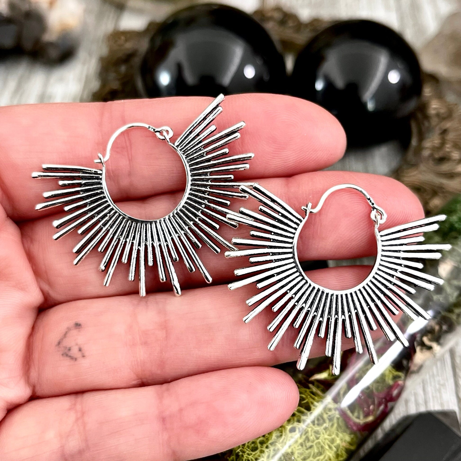 Sterling Silver decorated Hoop Earrings / Witchy Earrings Gothic Jewelry - Foxlark Crystal Jewelry