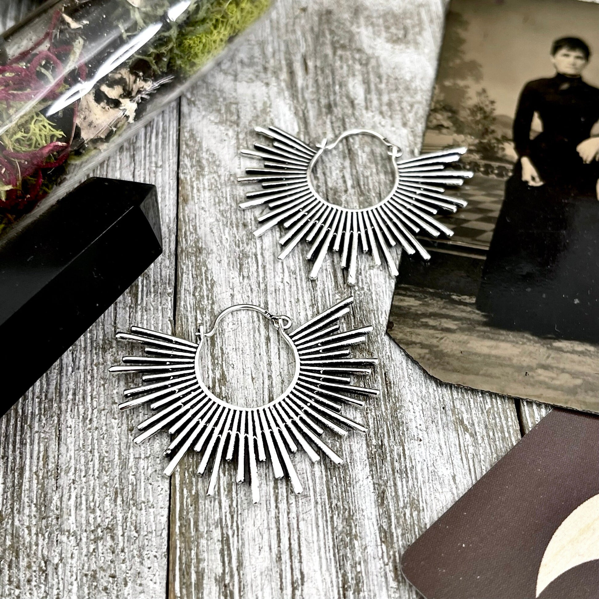 Sterling Silver decorated Hoop Earrings / Witchy Earrings Gothic Jewelry - Foxlark Crystal Jewelry