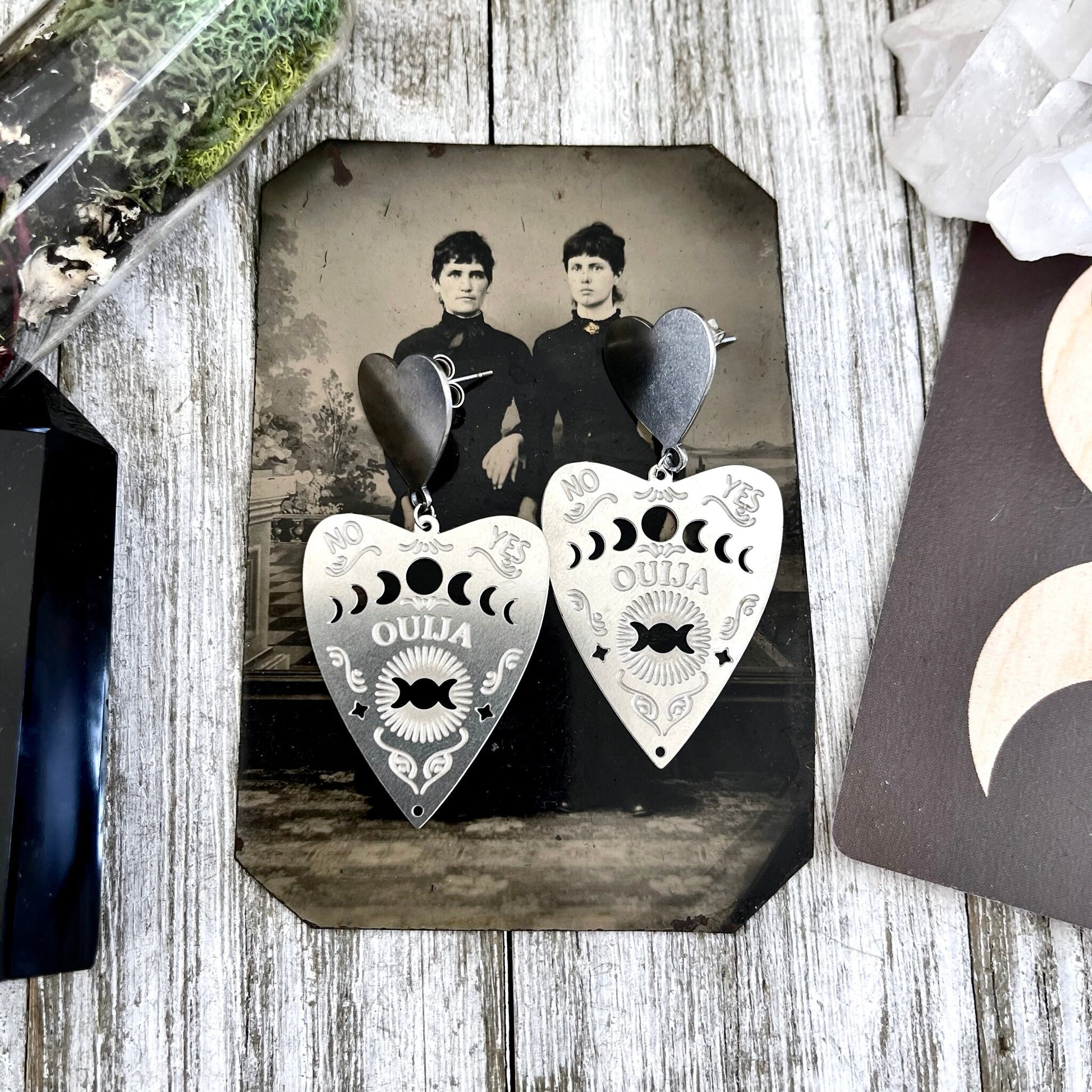 Heart Post Ouija Board Planchette Earrings/ Sterling Silver & Stainless Steel - Foxlark Crystal Jewelry