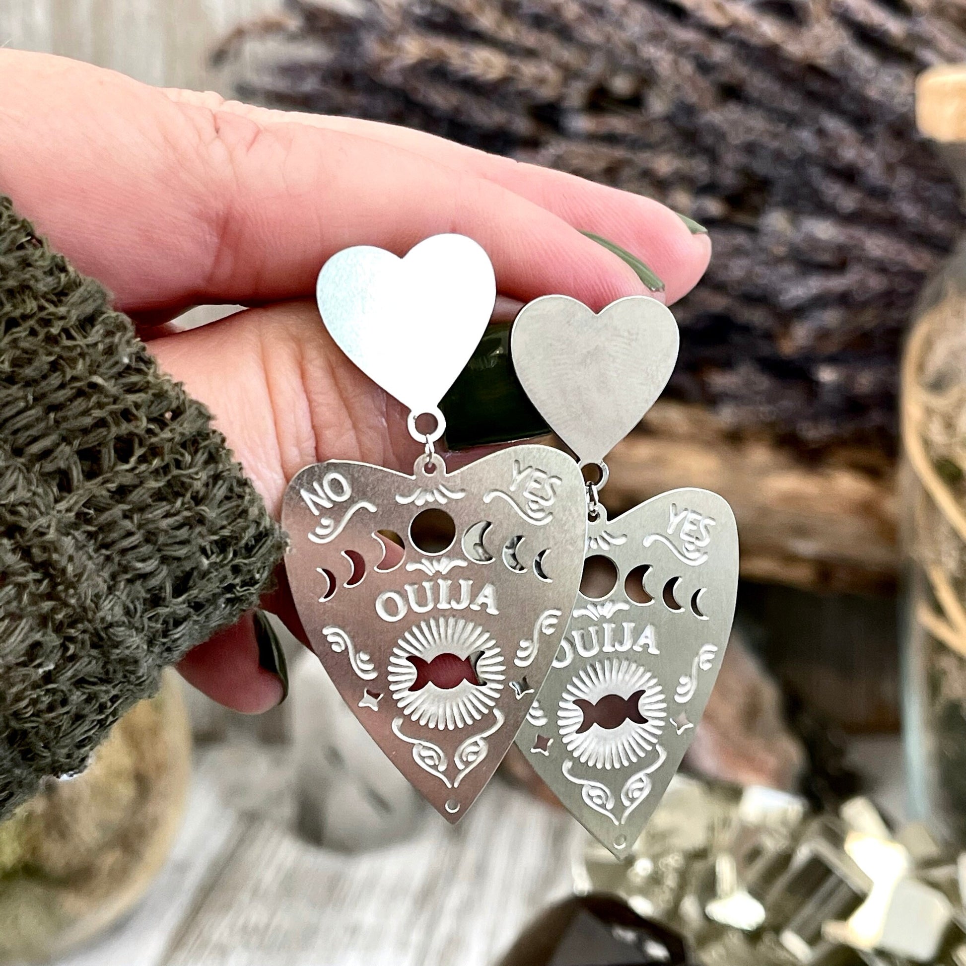 Heart Post Ouija Board Planchette Earrings/ Sterling Silver & Stainless Steel - Foxlark Crystal Jewelry