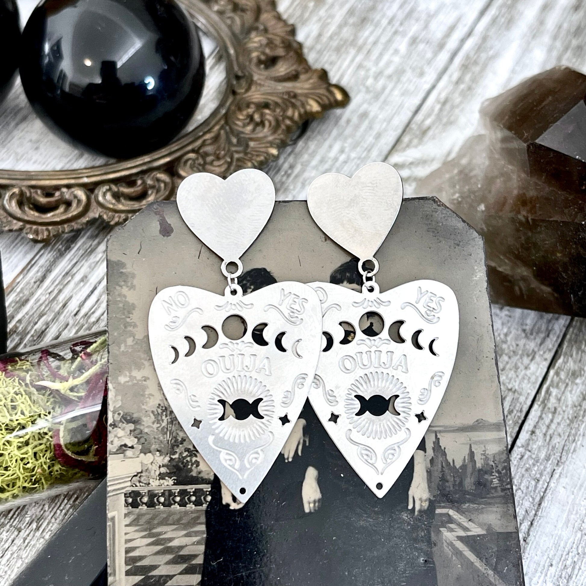 Heart Post Ouija Board Planchette Earrings/ Sterling Silver & Stainless Steel - Foxlark Crystal Jewelry