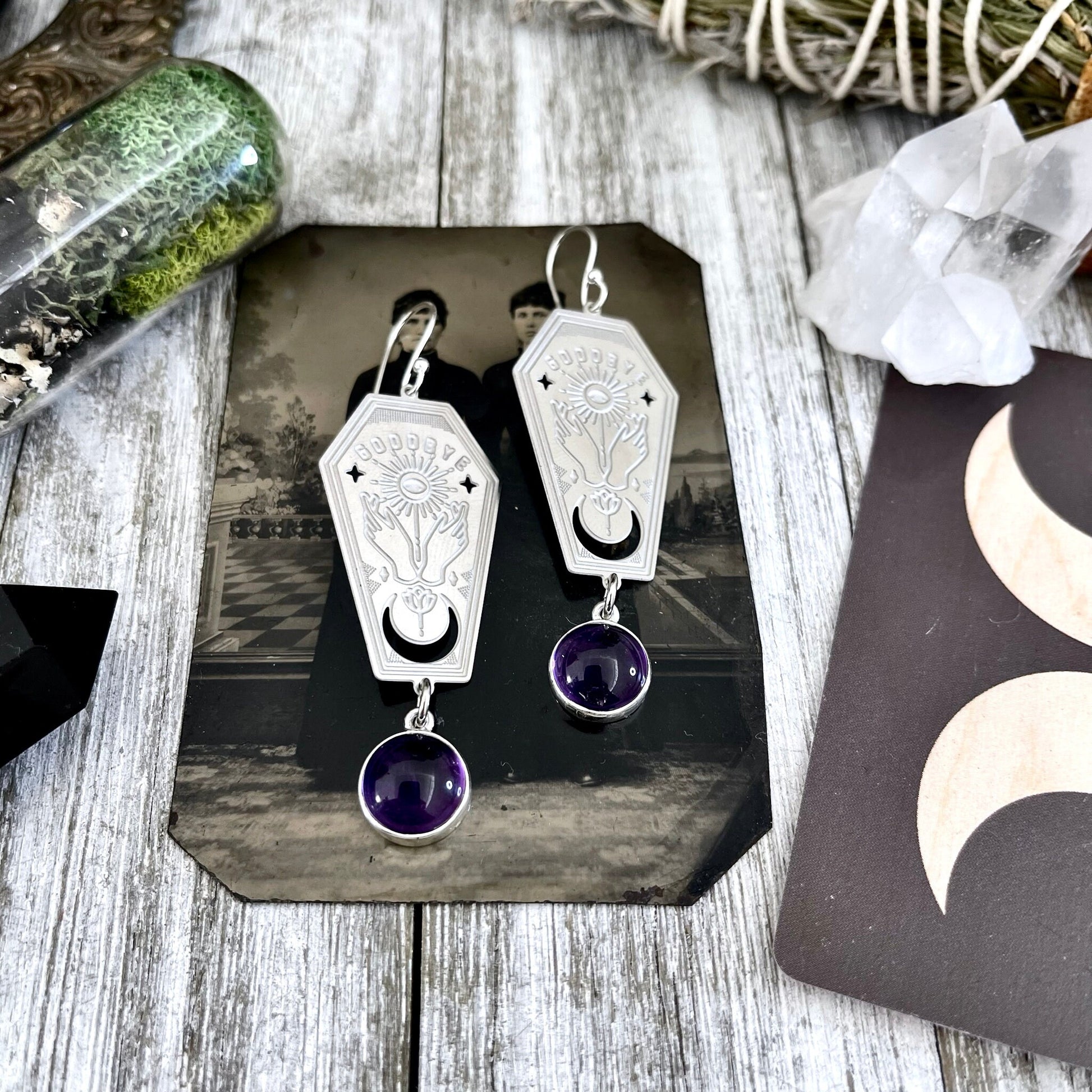 Coffin Planchette Amethyst Earrings Sterling Silver & Stainless Steel Earrings / - Foxlark Crystal Jewelry