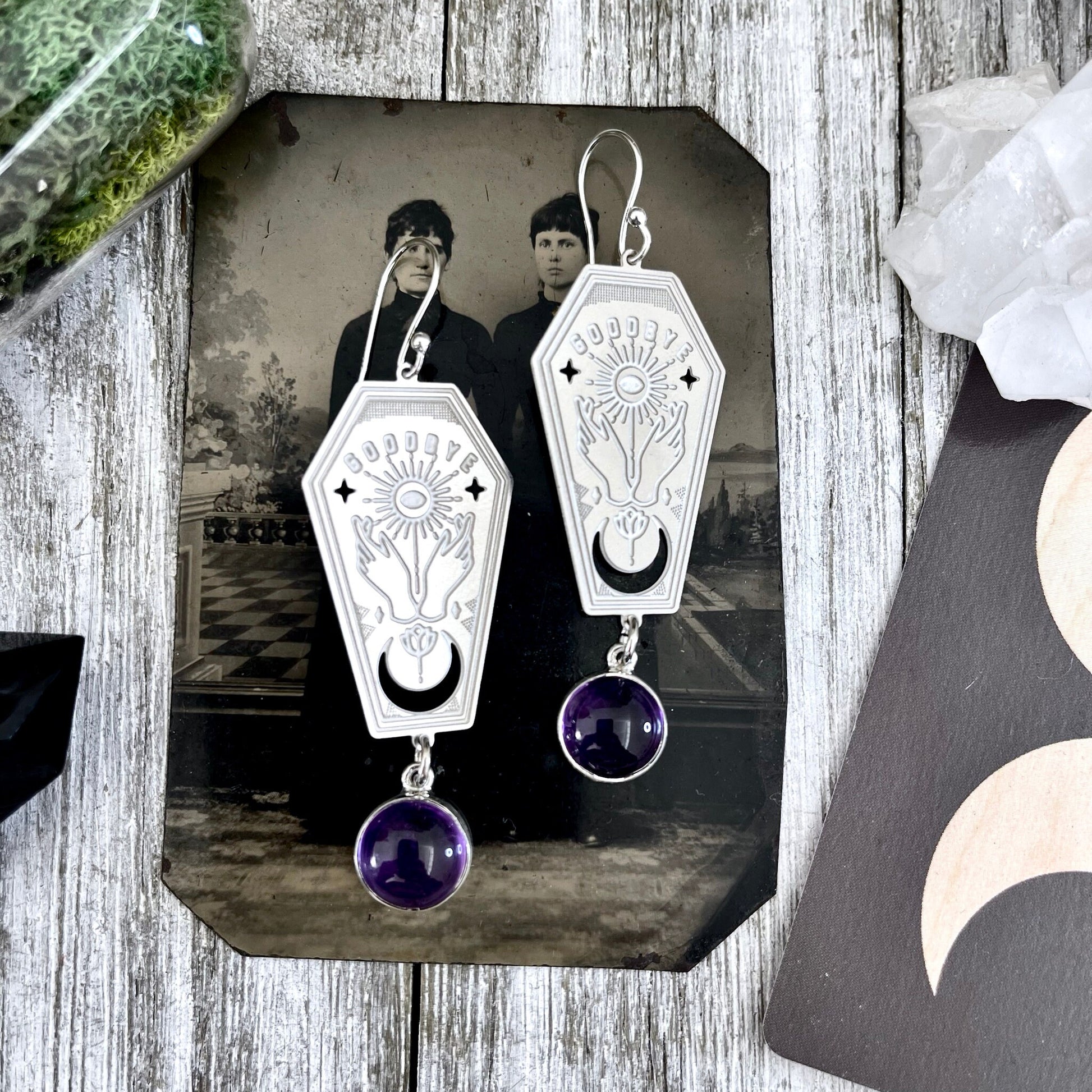 Coffin Planchette Amethyst Earrings Sterling Silver & Stainless Steel Earrings / - Foxlark Crystal Jewelry