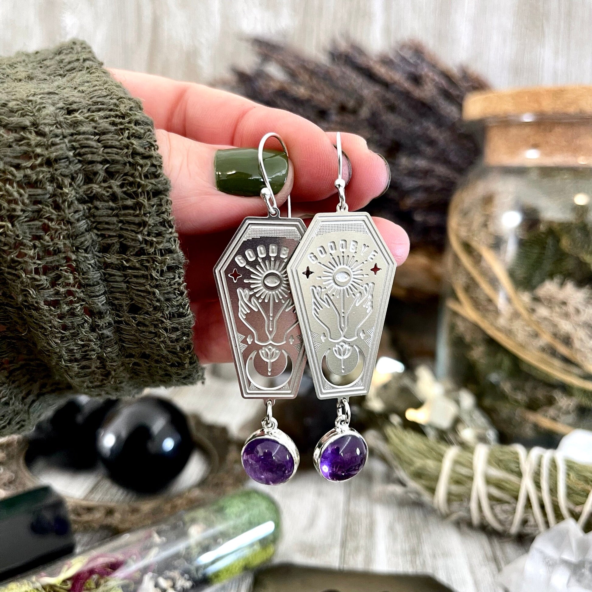 Coffin Planchette Amethyst Earrings Sterling Silver & Stainless Steel Earrings / - Foxlark Crystal Jewelry