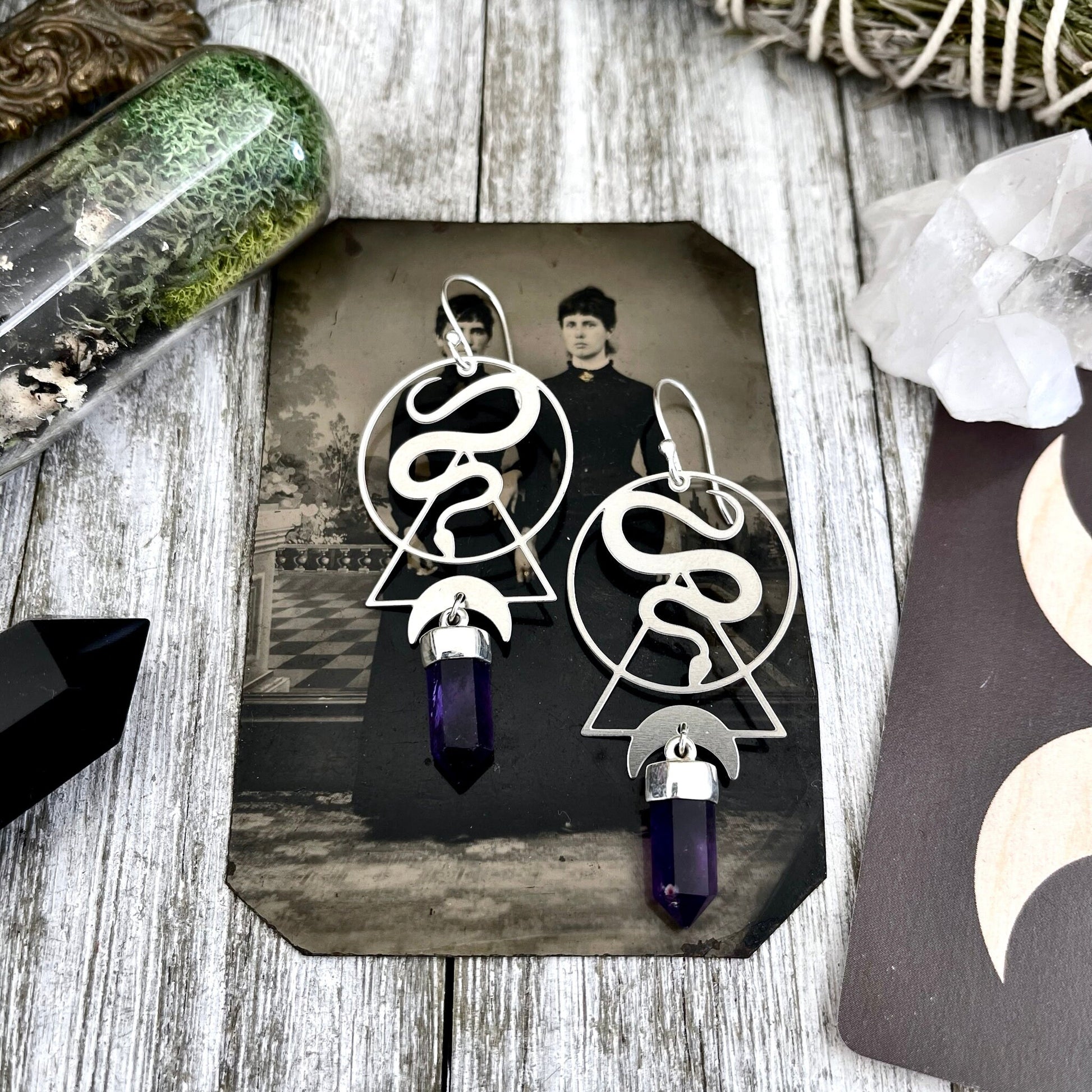 Snake and Amethyst Moon Earrings Sterling Silver & Stainless Steel Purple Stone Earrings / - Foxlark Crystal Jewelry