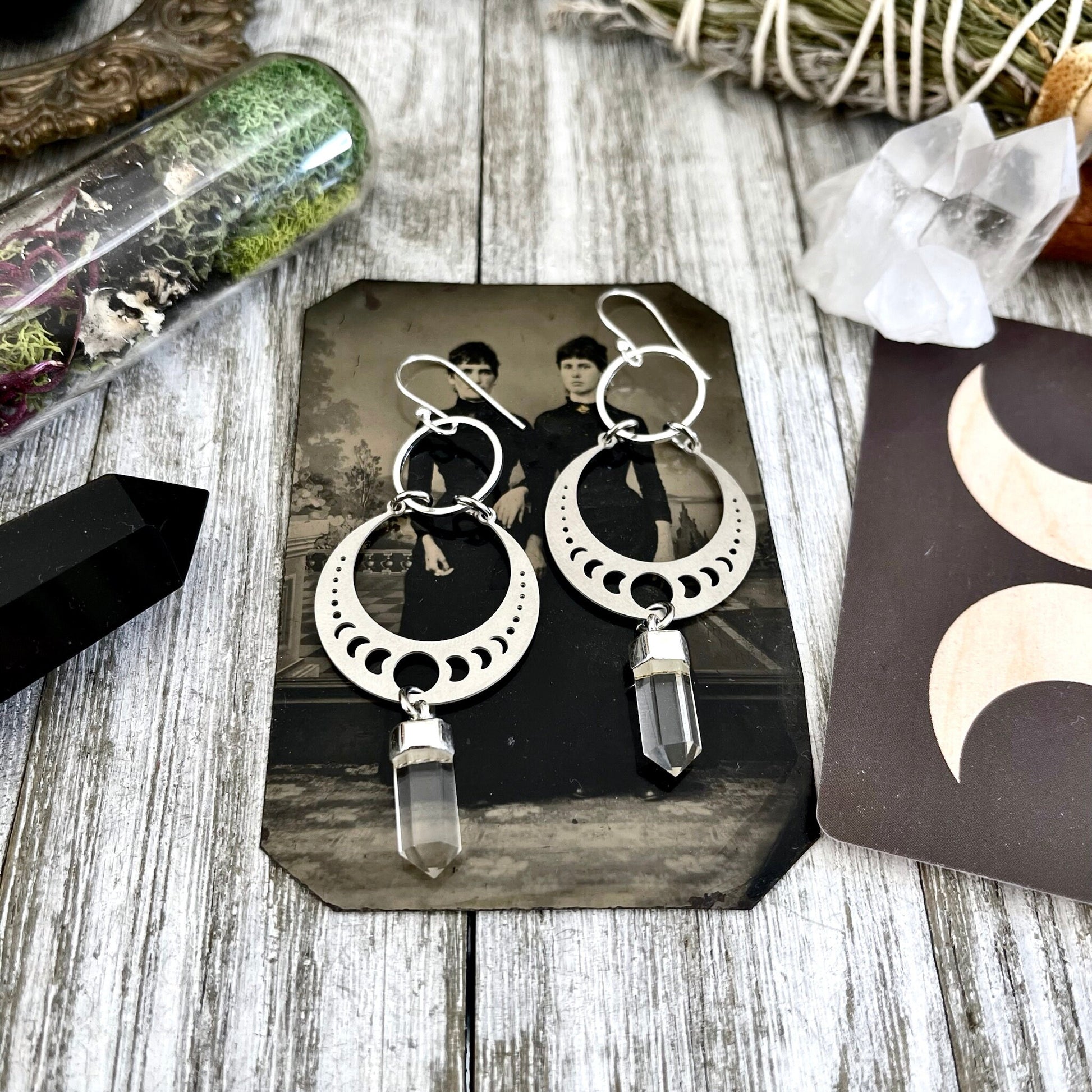 Clear Quartz Moon Phase Sterling Silver & Stainless Steel Earrings / - Foxlark Crystal Jewelry