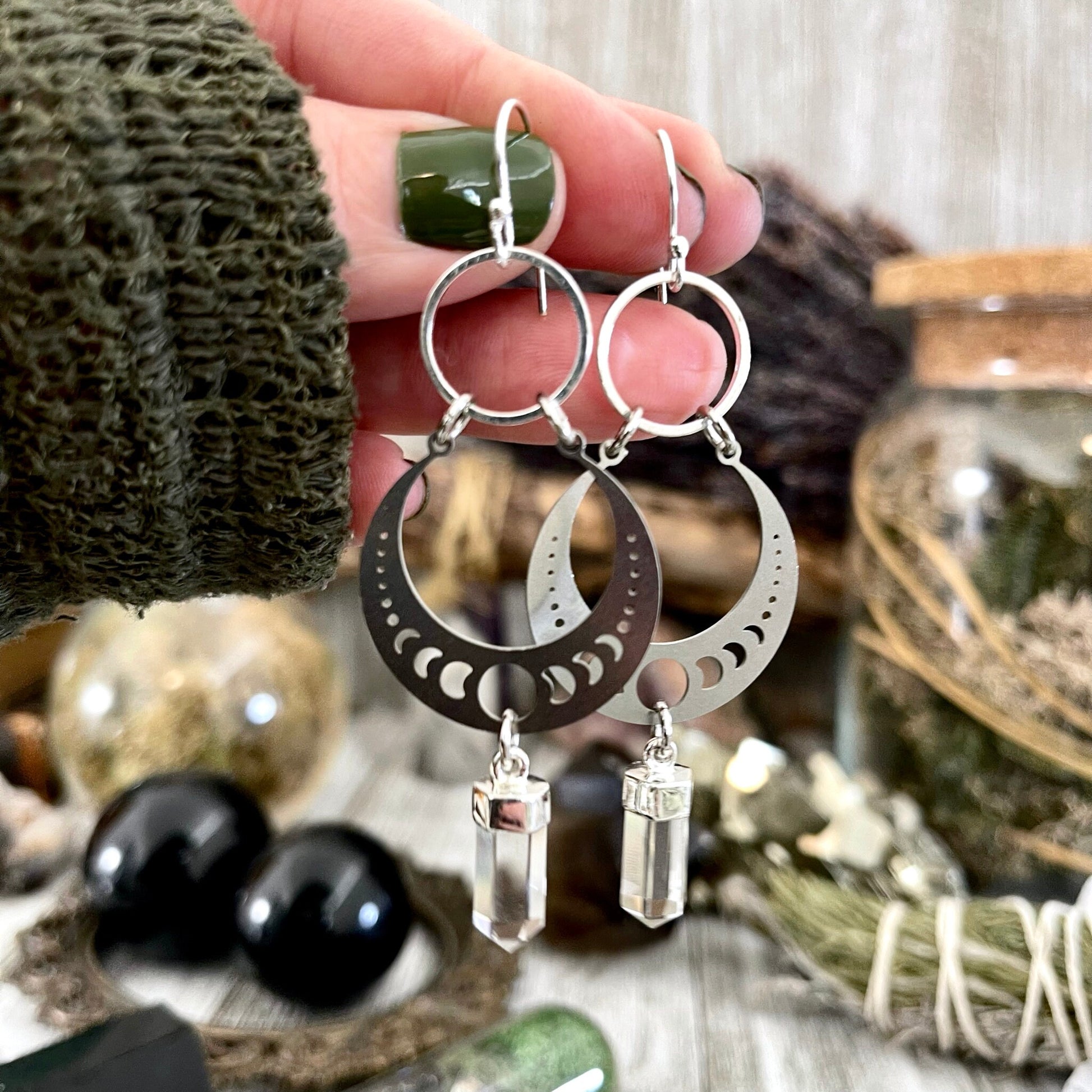 Clear Quartz Moon Phase Sterling Silver & Stainless Steel Earrings / - Foxlark Crystal Jewelry