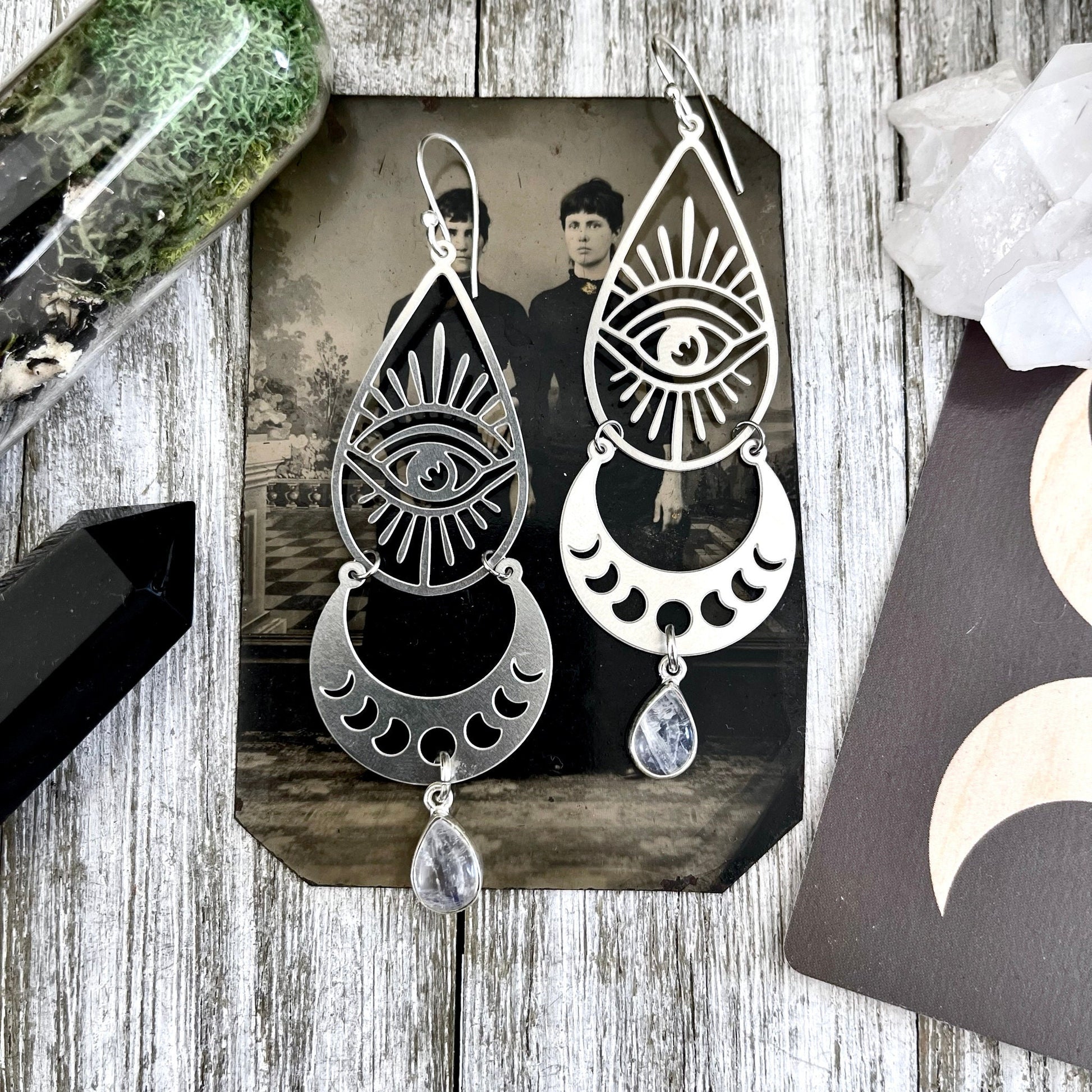 Moon Phases and Eye with Rainbow Moonstone Earrings Sterling Silver & Stainless Steel Earrings / Moon Earrings - Dangly Geometric Earrings - Foxlark Crystal Jewelry