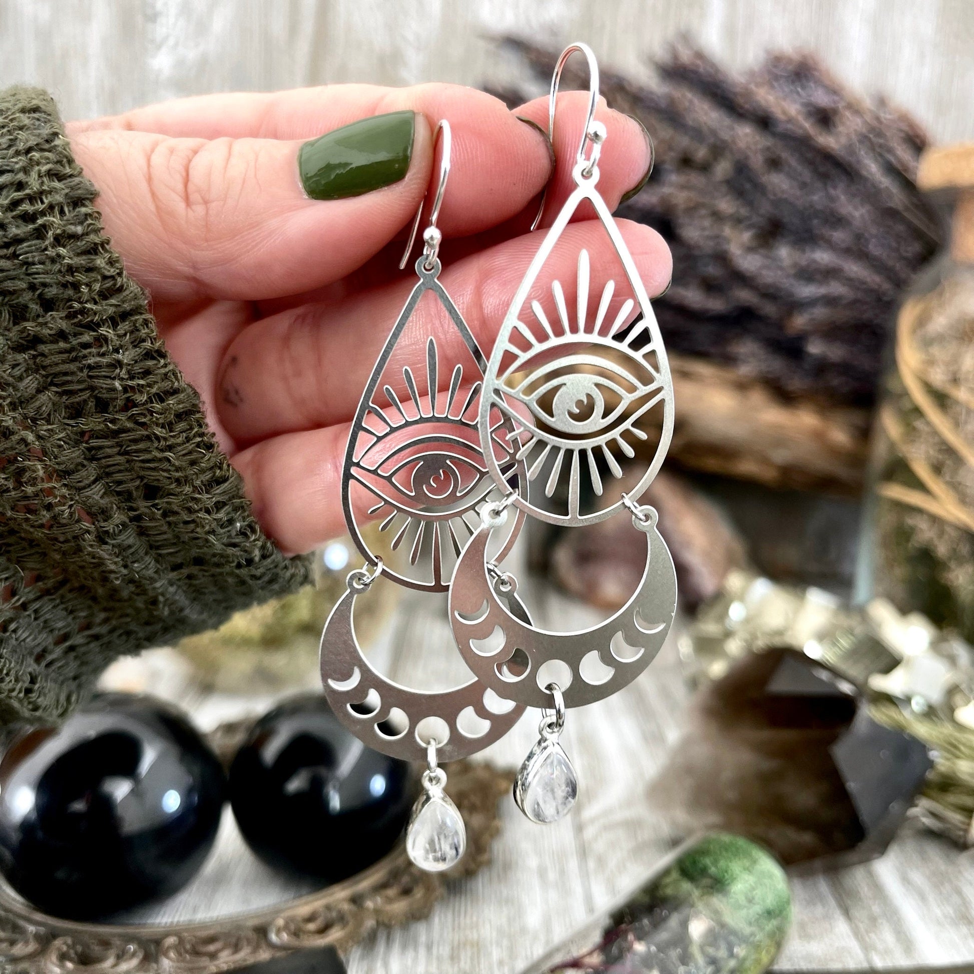 Moon Phases and Eye with Rainbow Moonstone Earrings Sterling Silver & Stainless Steel Earrings / Moon Earrings - Dangly Geometric Earrings - Foxlark Crystal Jewelry
