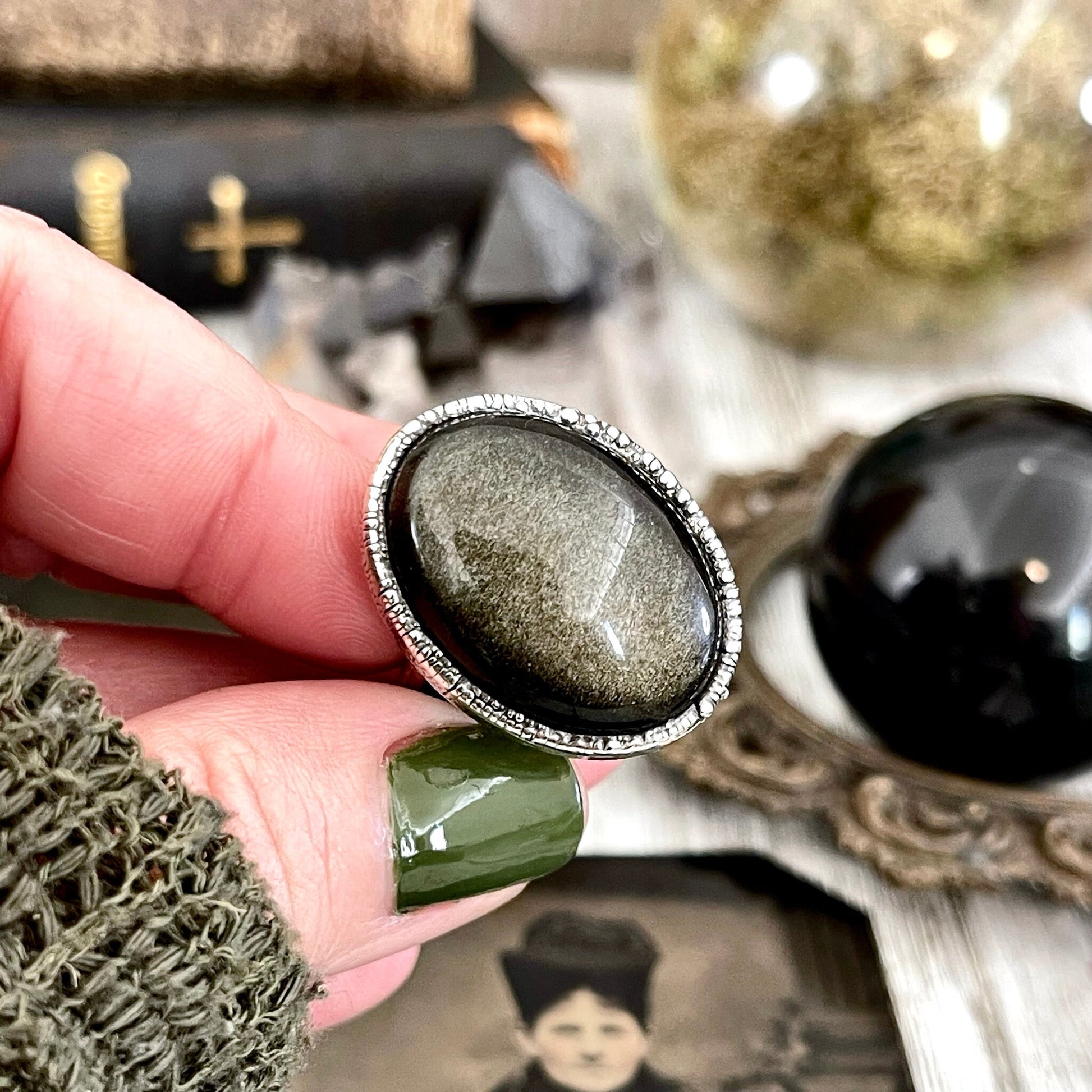 Size 6 Golden Sheen Obsidian Statement Ring in Fine Silver / Foxlark Collection - One of a Kind - Foxlark Crystal Jewelry