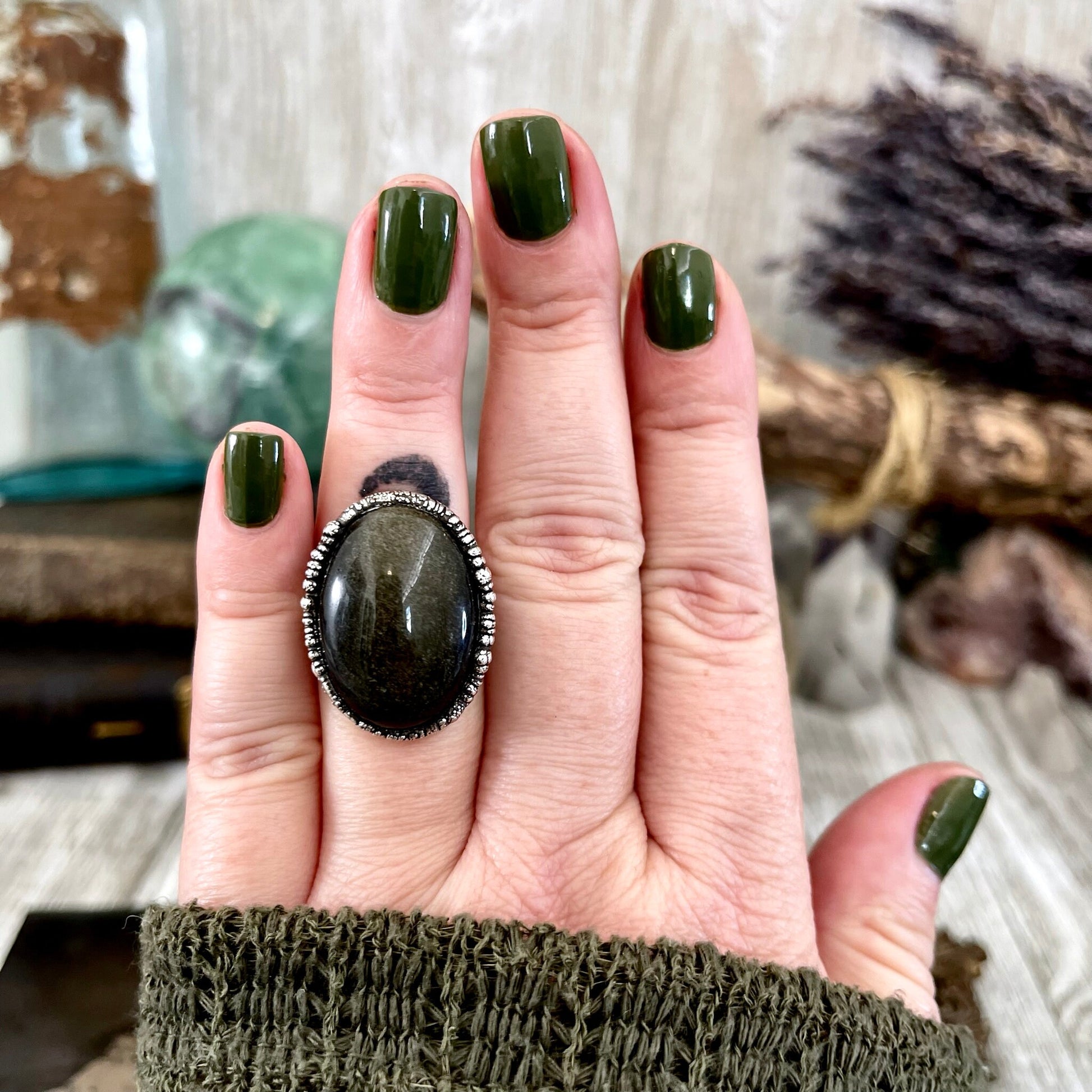Size 6.5 Golden Sheen Obsidian Statement Ring in Fine Silver / Foxlark Collection - One of a Kind - Foxlark Crystal Jewelry