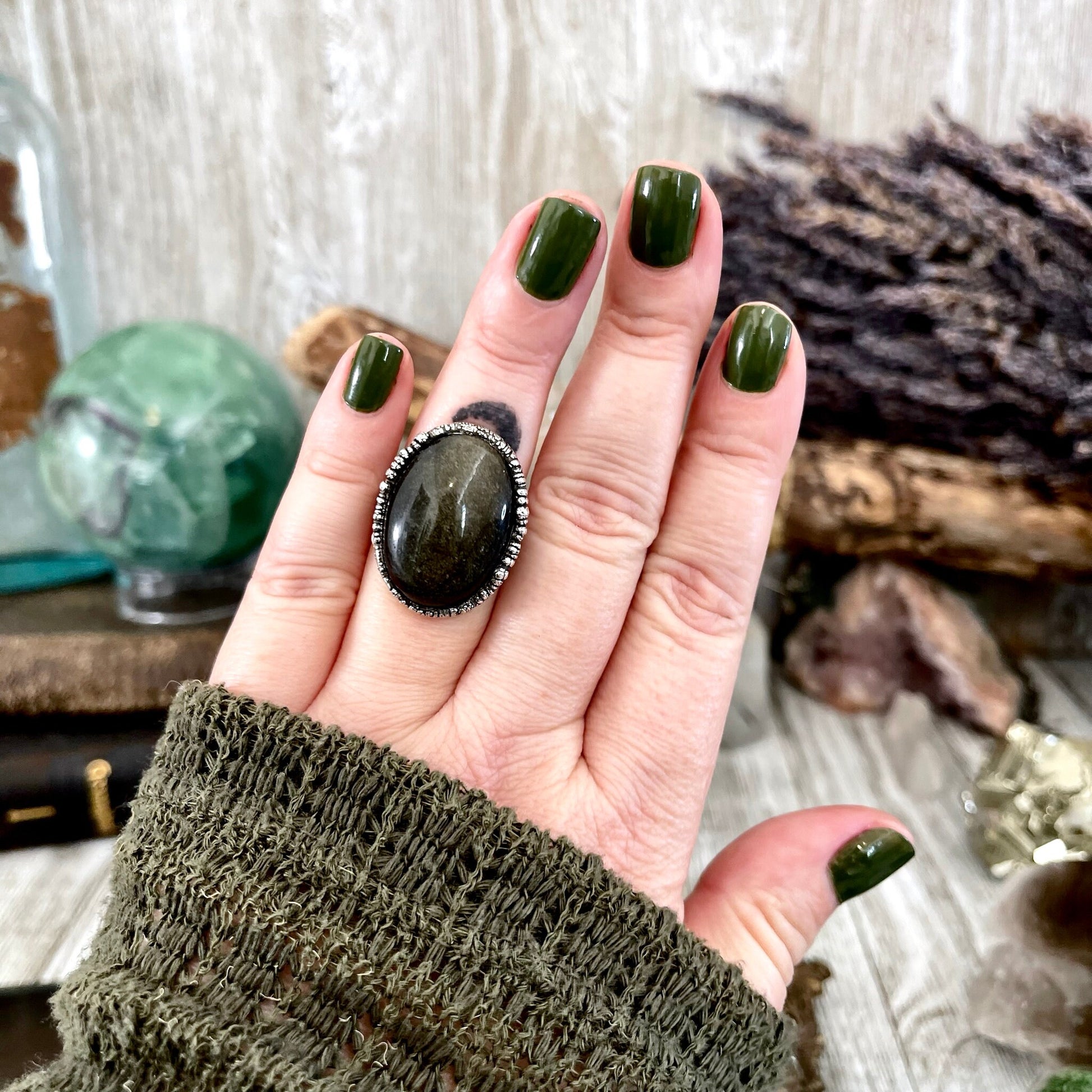 Size 6.5 Golden Sheen Obsidian Statement Ring in Fine Silver / Foxlark Collection - One of a Kind - Foxlark Crystal Jewelry