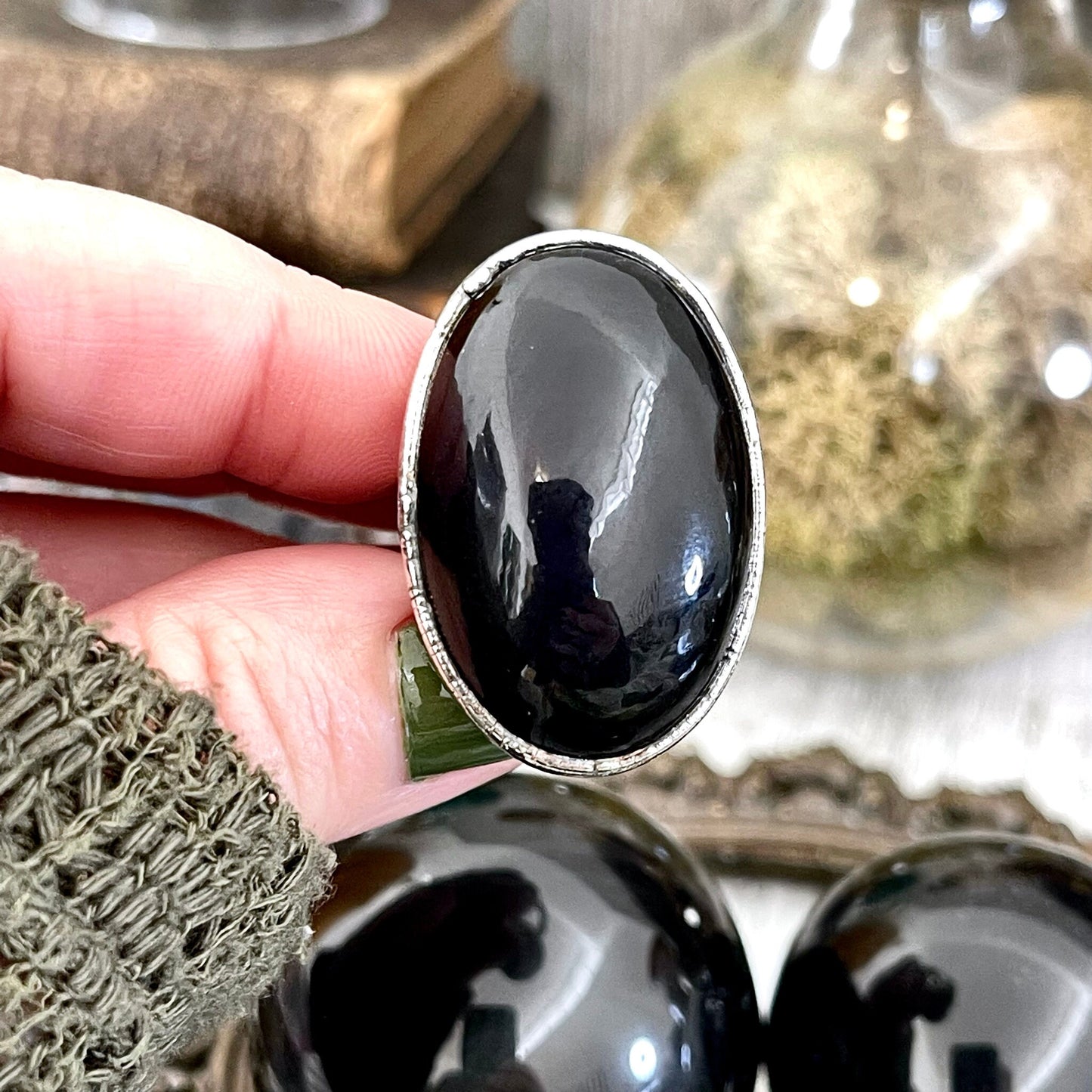 Size 8 Natural Black Rainbow Obsidian Ring in Fine Silver / Foxlark Collection - One of a Kind - Foxlark Crystal Jewelry