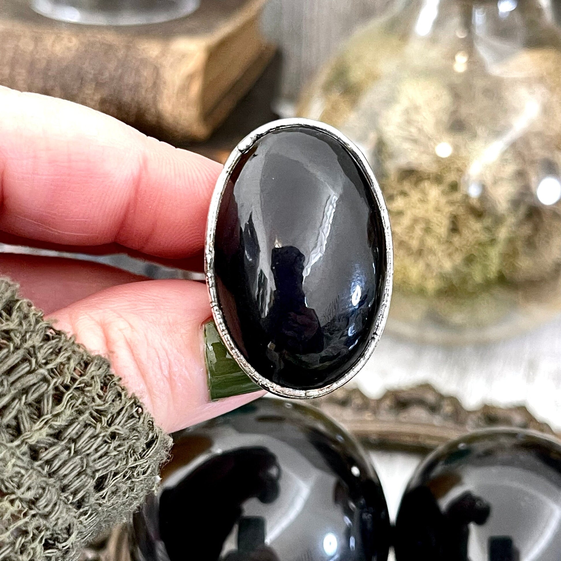Size 8 Natural Black Rainbow Obsidian Ring in Fine Silver / Foxlark Collection - One of a Kind - Foxlark Crystal Jewelry