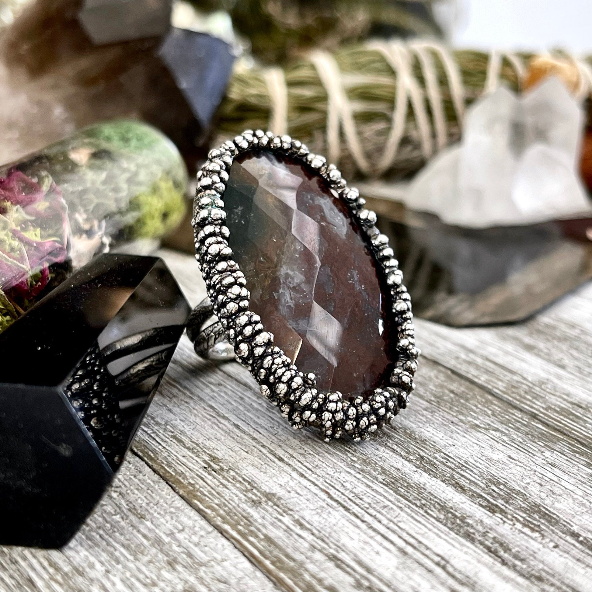 Big Size 8 Silver Natural Fancy Moss Agate Crystal Statement Ring / Foxlark Collection - One of a Kind - Foxlark Crystal Jewelry
