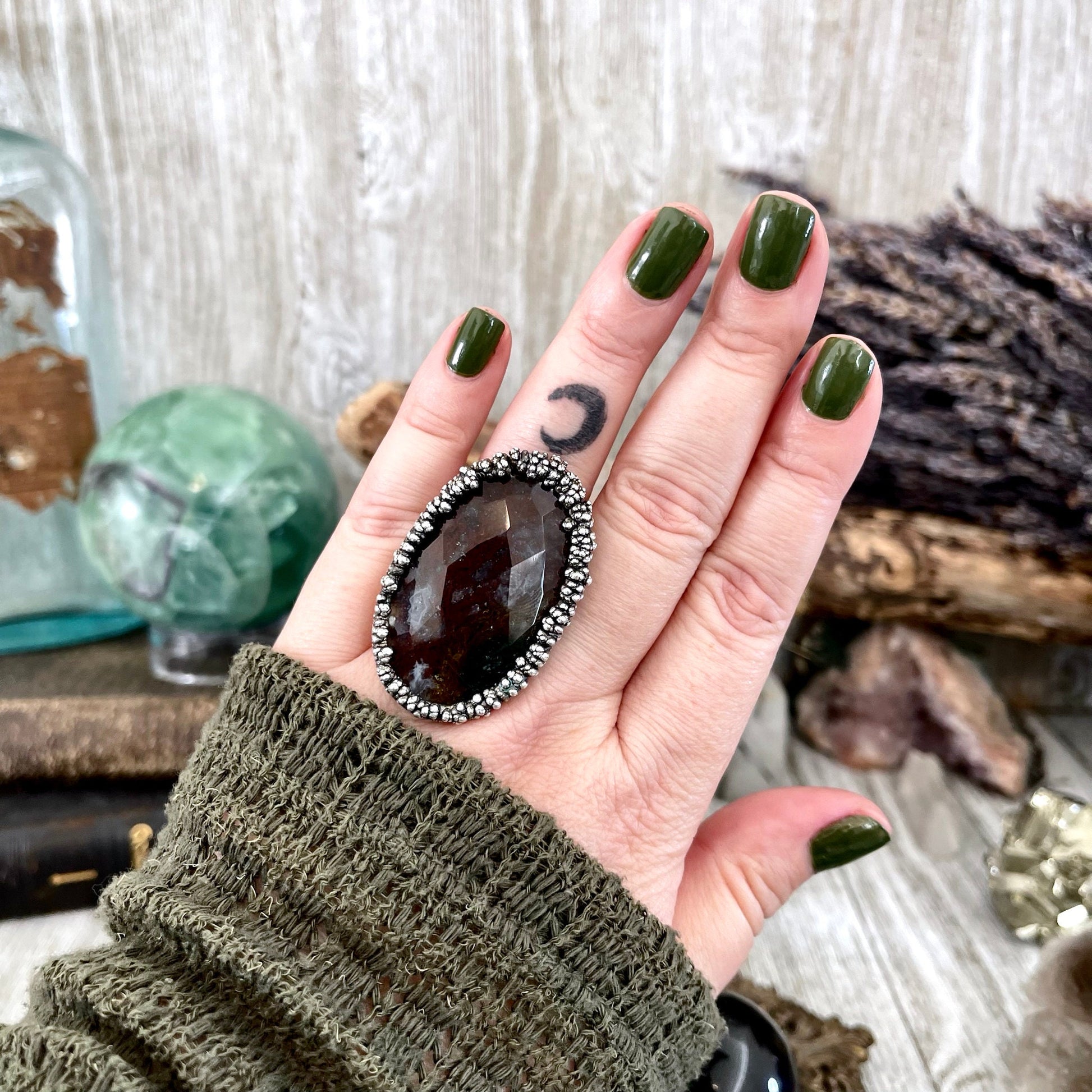 Big Size 8 Silver Natural Fancy Moss Agate Crystal Statement Ring / Foxlark Collection - One of a Kind - Foxlark Crystal Jewelry