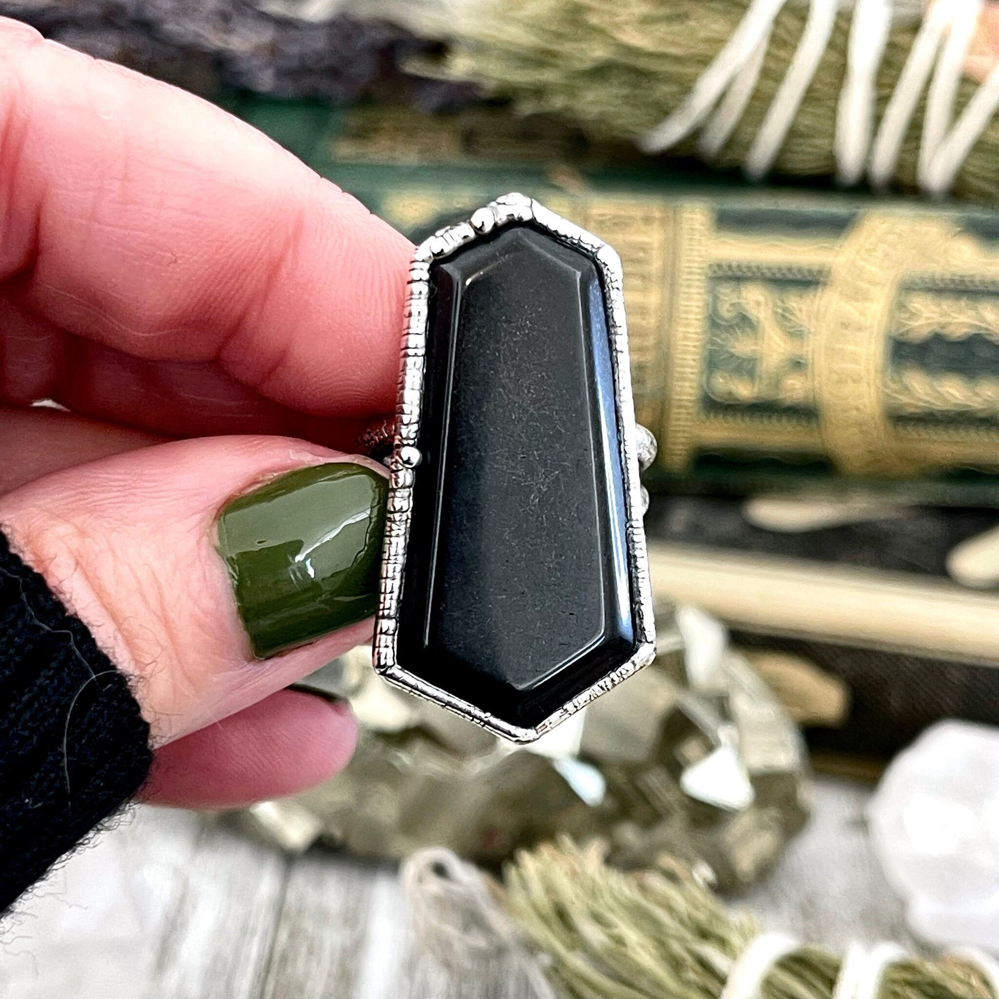 Natural Black Onyx Geometric Stone Ring in Fine Silver Size 7 8 9 / Foxlark Collection