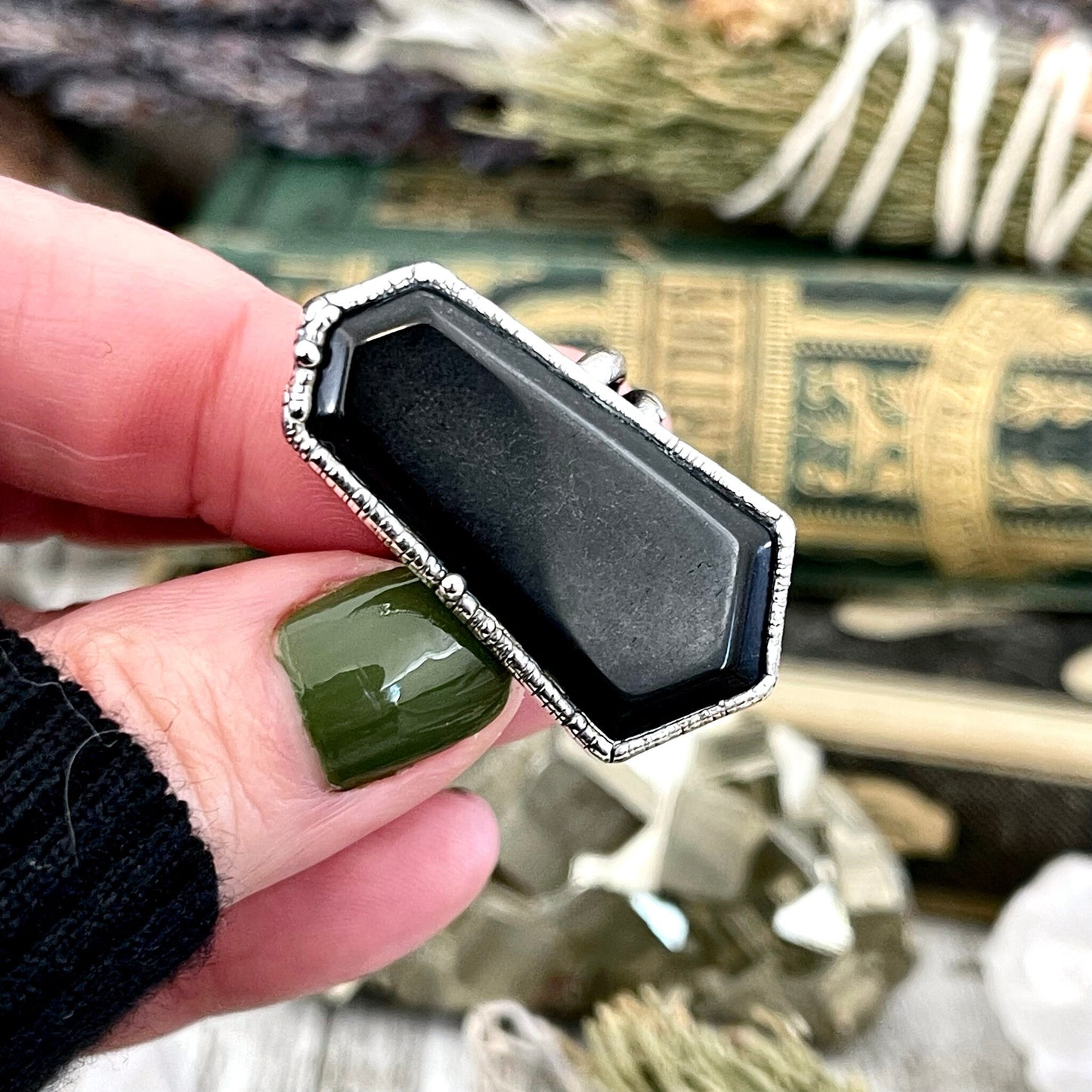 Natural Black Onyx Geometric Stone Ring in Fine Silver Size 7 8 9 / Foxlark Collection