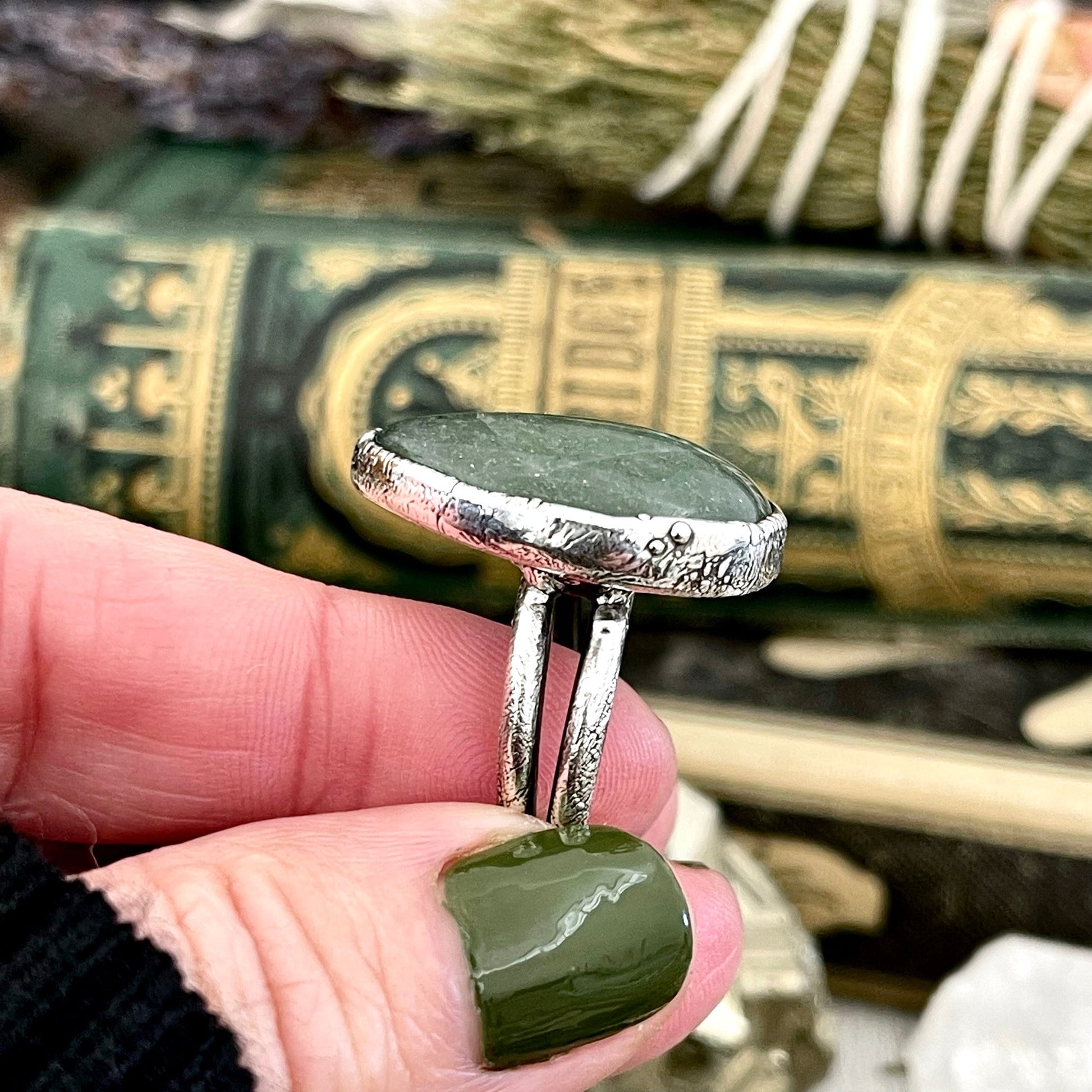 Teardrop Green Aventurine Ring Fine Silver Size 5 6 7 8 9 10 Foxlark Collection /