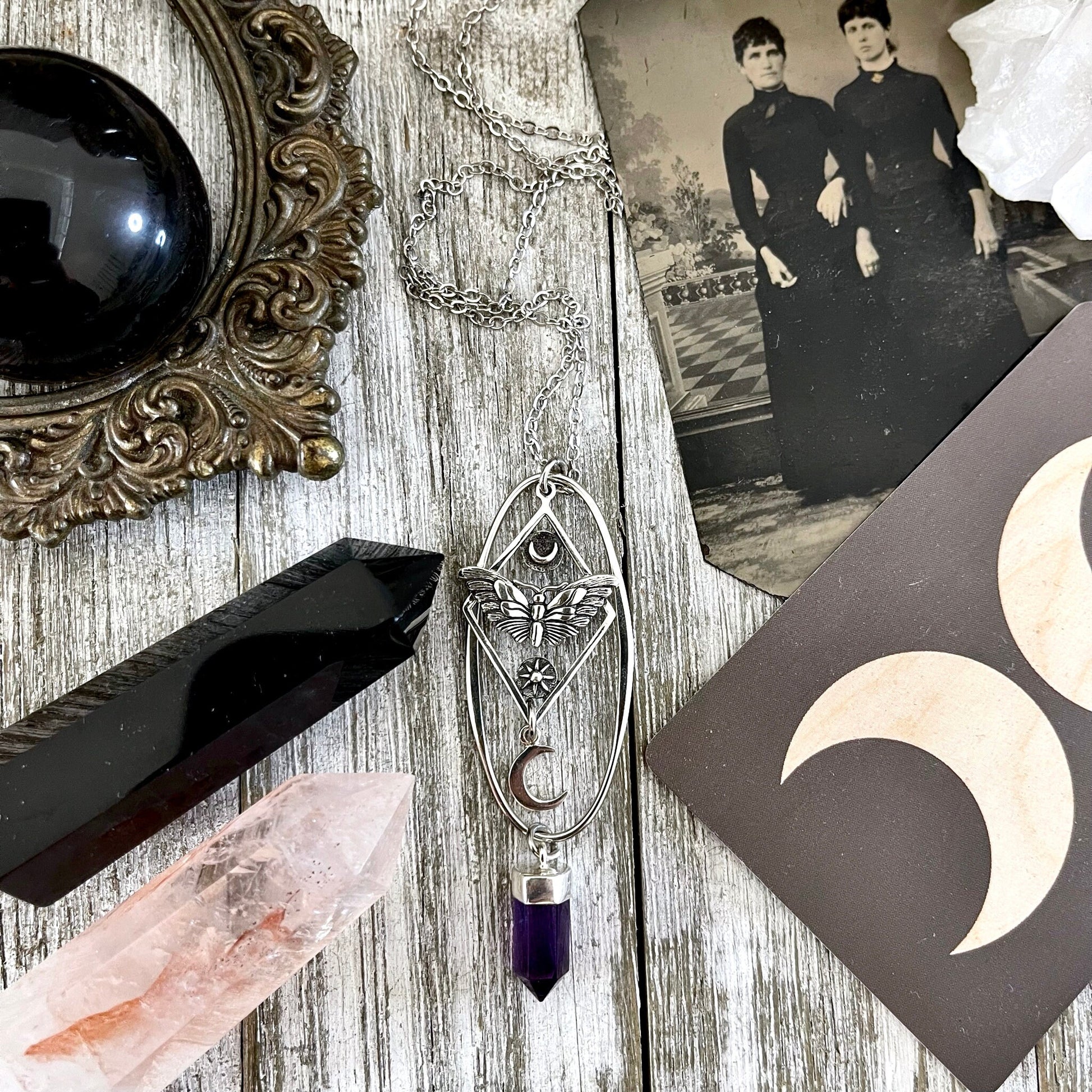 Amethyst Necklace, Bohemian Jewelry, Butterfly Necklace, Etsy ID: 1618683175, Gothic Jewelry, Jewelry, Layered Charm, Moth jewelry, Moth Necklace, Necklaces, Pendants, Sun and Moon, Talisman Necklace, TINY TALISMANS, Totem Amulet Jewelry, Witch Jewelry, W