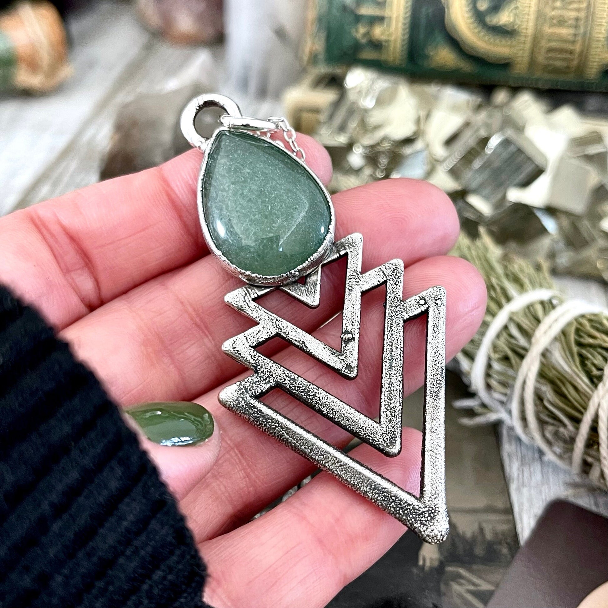 Alternative Jewelry, Big Crystal Necklace, Bohemian Jewelry, electroformed, Etsy ID: 1630274081, Foxlark Alchemy, FOXLARK- NECKLACES, Gemstone Pendent, Gothic Necklace, Green Aventurine, Green Stone Jewelry, Jewelry, Large Crystal, Necklaces, Pendants, ra