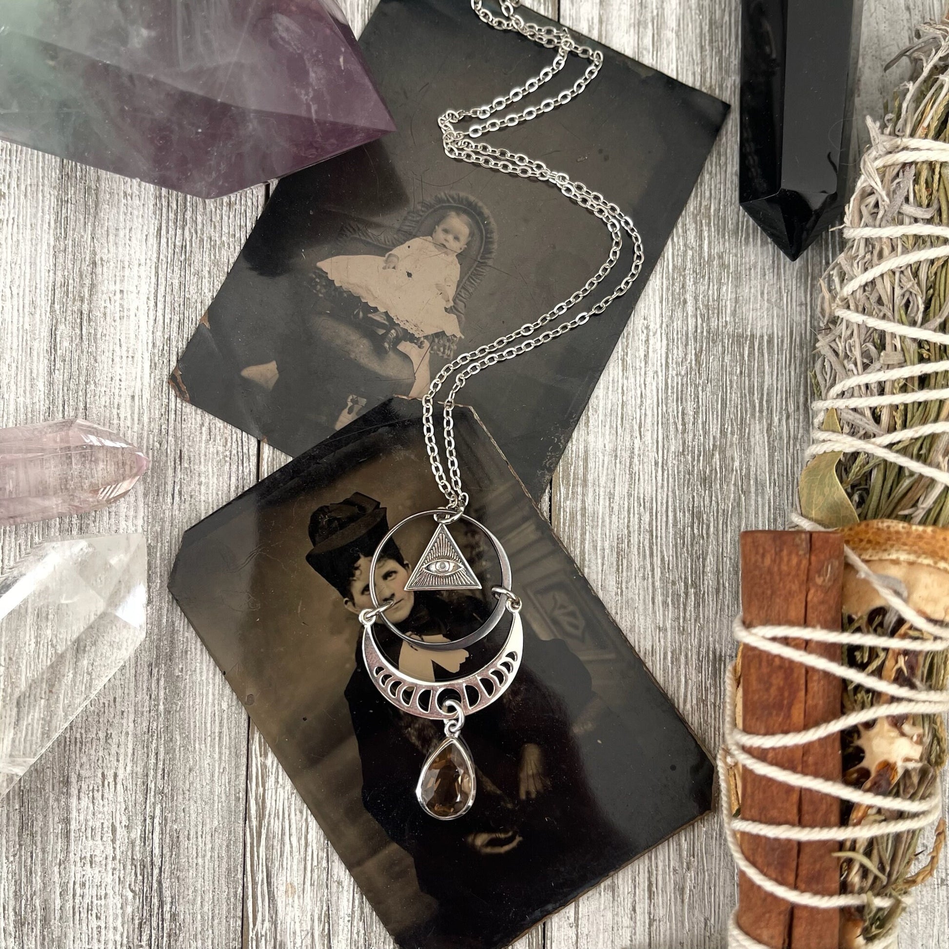 925 Sterling Silver, Amulet Charm, boho jewelry, Etsy ID: 1656359721, Gothic Jewelry, Infinity Necklace, Jewelry, Moon Phases necklace, Necklaces, Pendants, Smokey Quartz, Sterling Silver, Talisman Necklace, TINY TALISMANS, Witch Jewelry, Witch necklace,