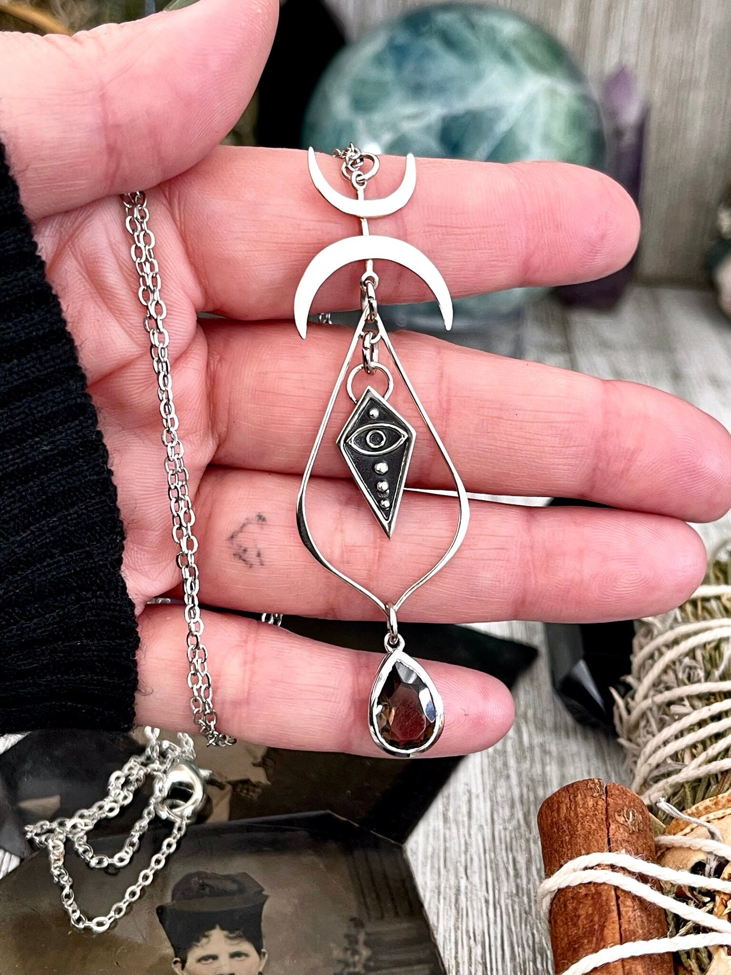 925 Sterling Silver, Alternative jewelry, boho jewelry, Crescent Moons, Etsy ID: 1640876356, Gift for Woman, Gothic Jewelry, Jewelry, Layered Charm, Necklaces, Pendants, Smokey Quartz, Sterling Silver, Talisman Necklace, TINY TALISMANS, Witch Jewelry, Wit
