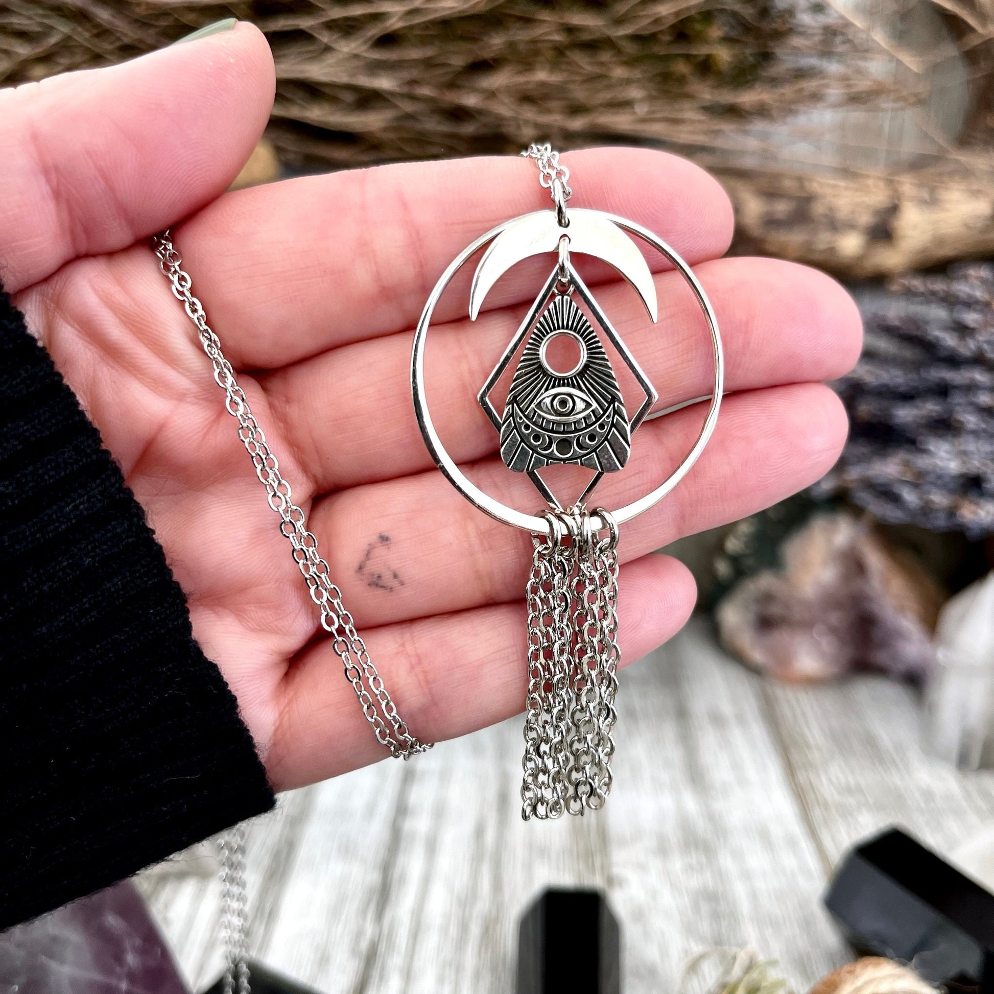 All Seeing Eye, Bohemian Jewelry, Etsy ID: 1655032121, Fringe Necklace, Gothic Jewelry, Jewelry, layering necklace, Moth Necklace, Necklaces, Pendants, planchet charm, Sterling silver, Talisman Necklace, TINY TALISMANS, Totem Amulet, Witch Jewelry, Witch