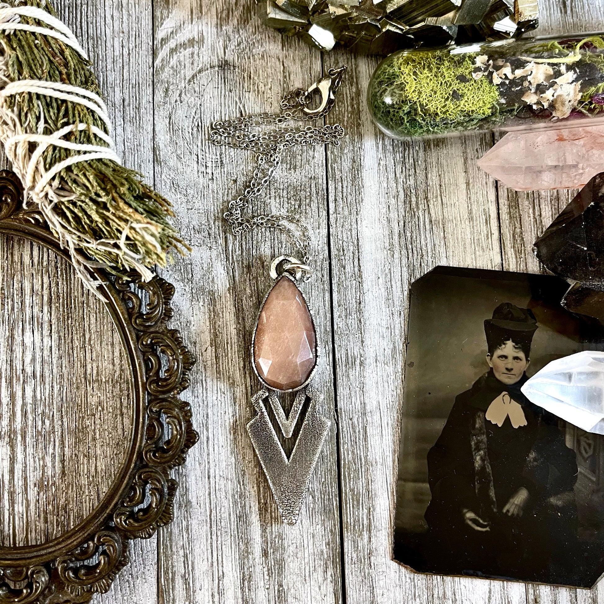 Big Crystal Necklace, Big Stone Necklace, Bohemian Jewelry, Crystal Necklaces, Etsy ID: 1620635164, Foxlark Alchemy, FOXLARK- NECKLACES, Jewelry, Large Crystal, Large Raw Crystal, layering necklace, Necklaces, peach moonstone, Raw crystal jewelry, raw cry