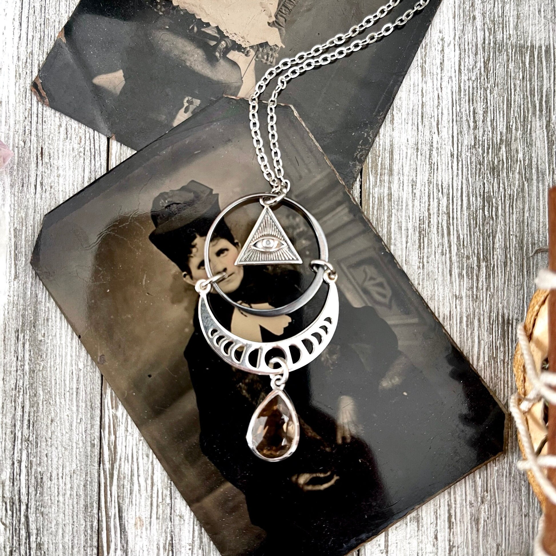 925 Sterling Silver, Amulet Charm, boho jewelry, Etsy ID: 1656359721, Gothic Jewelry, Infinity Necklace, Jewelry, Moon Phases necklace, Necklaces, Pendants, Smokey Quartz, Sterling Silver, Talisman Necklace, TINY TALISMANS, Witch Jewelry, Witch necklace,