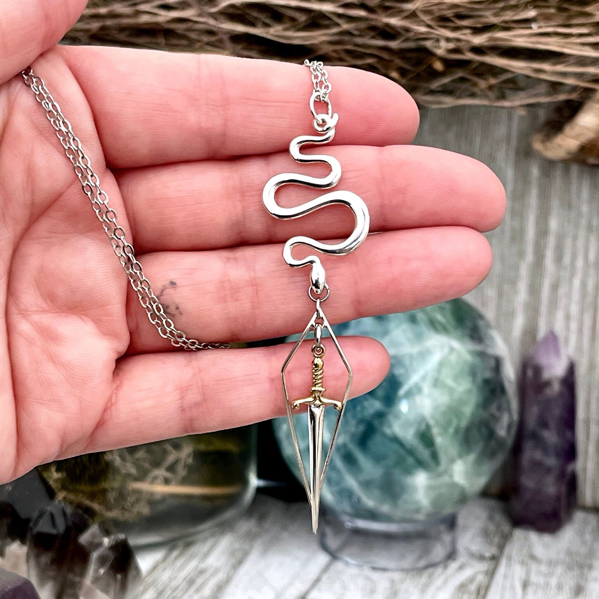925 Sterling Silver, boho jewelry, Etsy ID: 1640899984, Gift for Woman, Gothic Jewelry, Jewelry, Layered charm, Necklaces, Pendants, Snake talisman, Sterling Silver, sword necklace, Talisman Necklace, TINY TALISMANS, Witch Jewelry, Witch necklace, Witchy