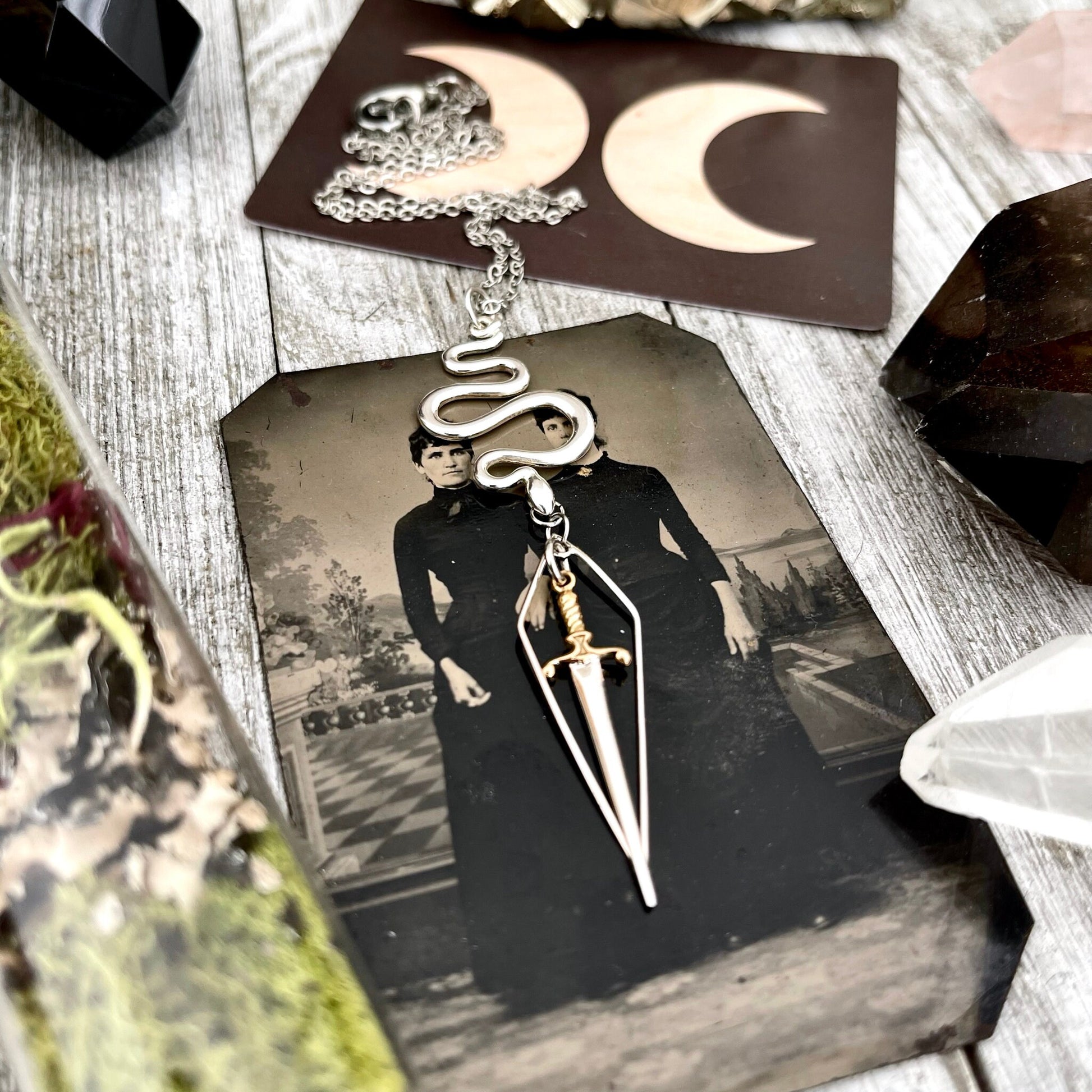 925 Sterling Silver, boho jewelry, Etsy ID: 1640899984, Gift for Woman, Gothic Jewelry, Jewelry, Layered charm, Necklaces, Pendants, Snake talisman, Sterling Silver, sword necklace, Talisman Necklace, TINY TALISMANS, Witch Jewelry, Witch necklace, Witchy