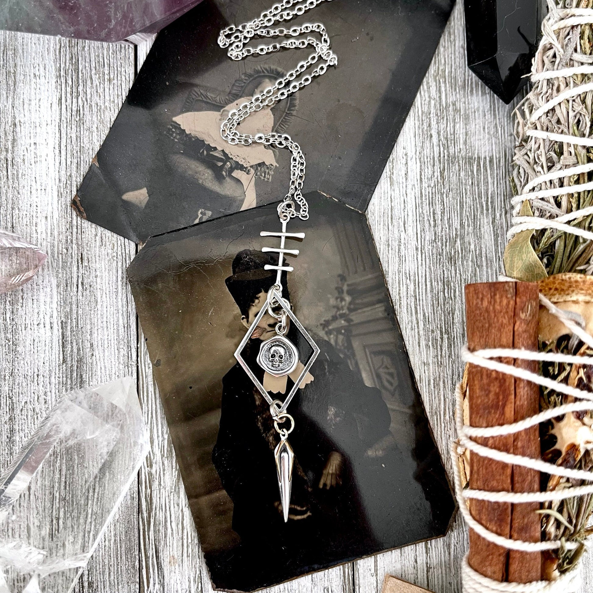 925 Sterling Silver, boho jewelry, Etsy ID: 1655055195, Gift for Woman, Gothic Jewelry, Jewelry, Layered charm, Necklaces, Pendants, punk jewelry, skull charm, Sterling Silver, Talisman Necklace, TINY TALISMANS, Witch Jewelry, Witch necklace, Witchy Neckl