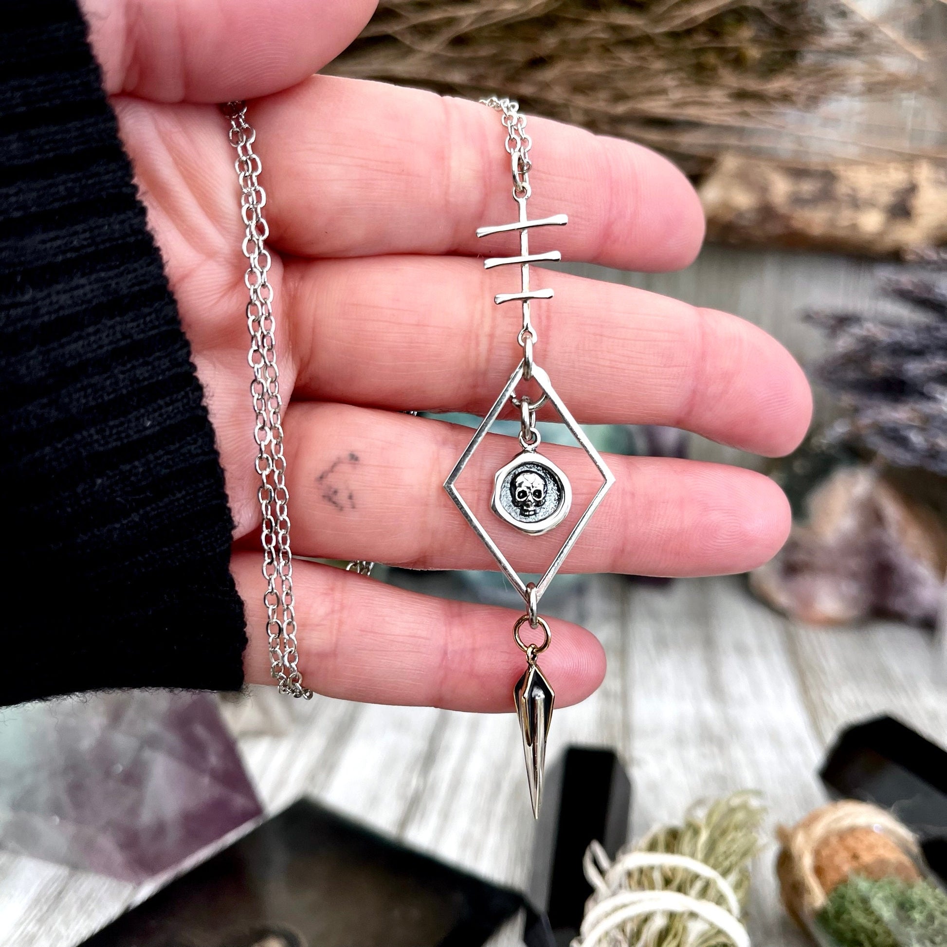 925 Sterling Silver, boho jewelry, Etsy ID: 1655055195, Gift for Woman, Gothic Jewelry, Jewelry, Layered charm, Necklaces, Pendants, punk jewelry, skull charm, Sterling Silver, Talisman Necklace, TINY TALISMANS, Witch Jewelry, Witch necklace, Witchy Neckl