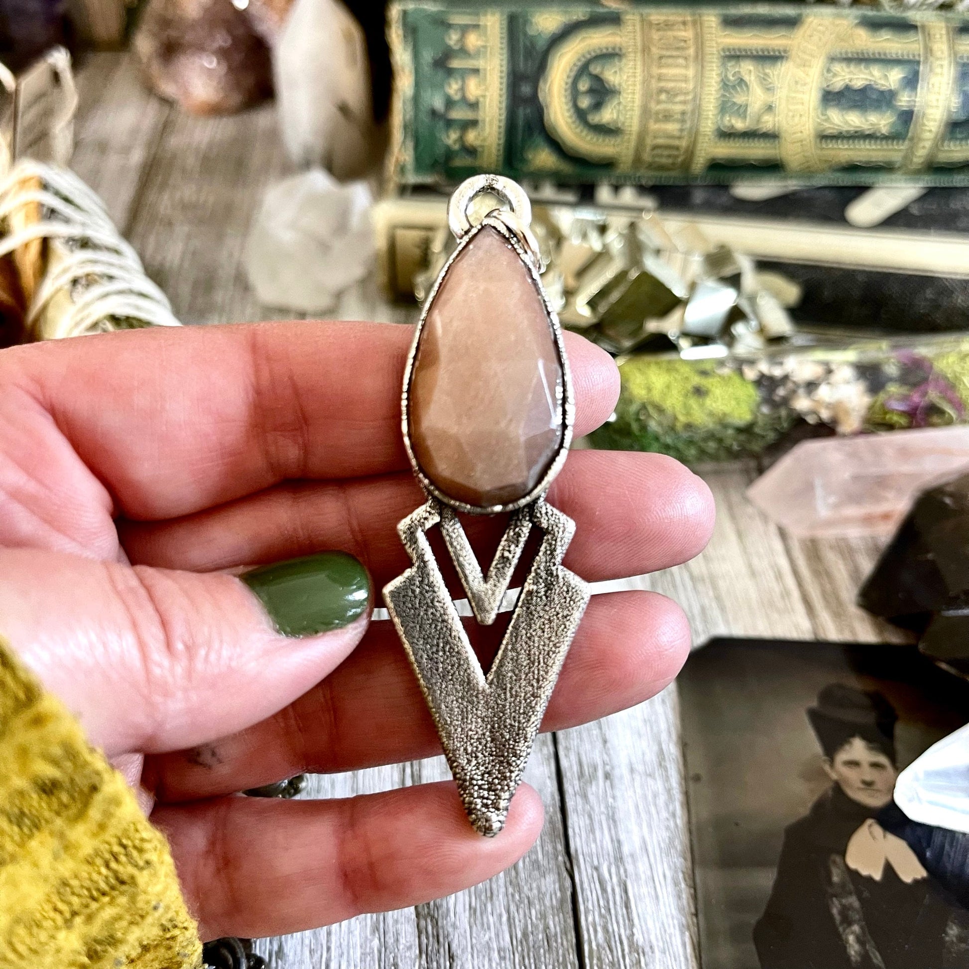 Big Crystal Necklace, Big Stone Necklace, Bohemian Jewelry, Crystal Necklaces, Etsy ID: 1620635164, Foxlark Alchemy, FOXLARK- NECKLACES, Jewelry, Large Crystal, Large Raw Crystal, layering necklace, Necklaces, peach moonstone, Raw crystal jewelry, raw cry