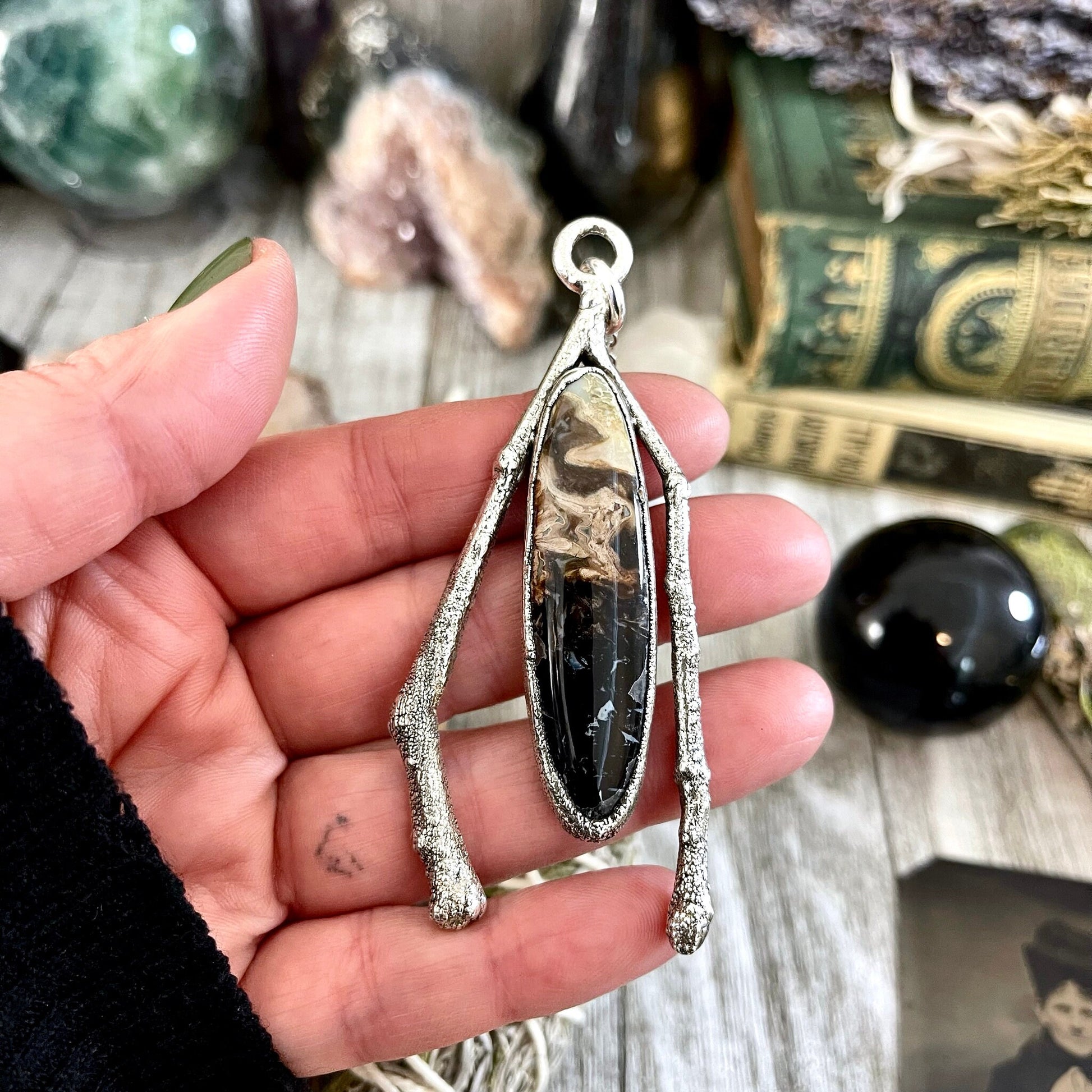 big crystal Necklace, Big Gothic Necklace, Bohemian Jewelry, Crystal Necklaces, Crystal Pendant, Etsy ID: 1634808953, FOXLARK- NECKLACES, Jewelry, nature inspired, Necklaces, palm root necklace, Silver Jewelry, Silver Necklace, Silver Stone Jewelry, State