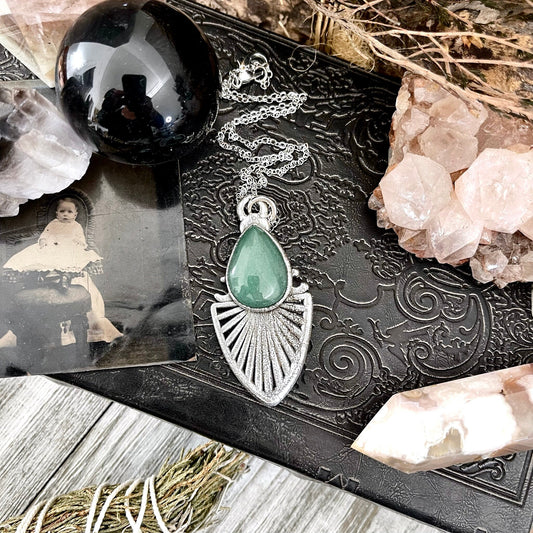 Moss & Moon Collection - Green Aventurine Crystal Necklace set in Fine Silver / / Alternative Witchy Pendent Boho Electroformed Jewelry