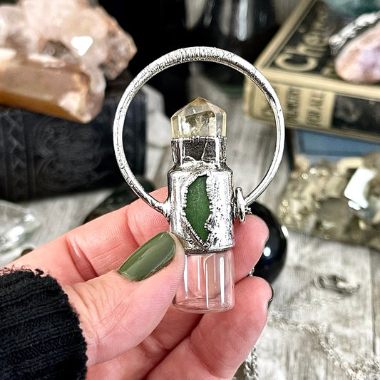 Citrine & Green Sea Glass Crystal Essential Oil Rollerball Necklace Pendant in Fine Silver / Foxlark Collection - One of a Kind