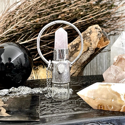 Rose Quartz and Clear Quartz Crystal Necklace / Silver Crystal Rollerball Necklace / Foxlark Collection - One of a Kind / Gothic Jewelry