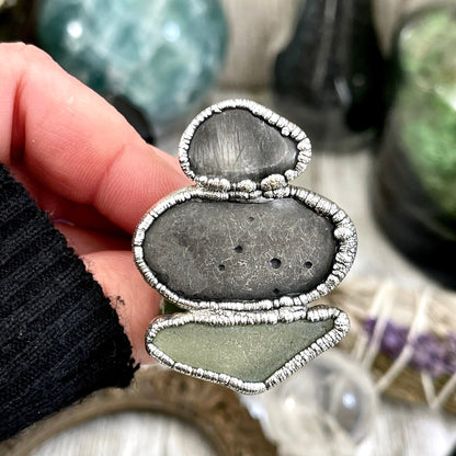 Size 10 Three Stone Ring- Tourmaline Quartz River Rock Sea Glass Crystal Ring Fine Silver / Foxlark Collection - One of a Kind / Jewelry