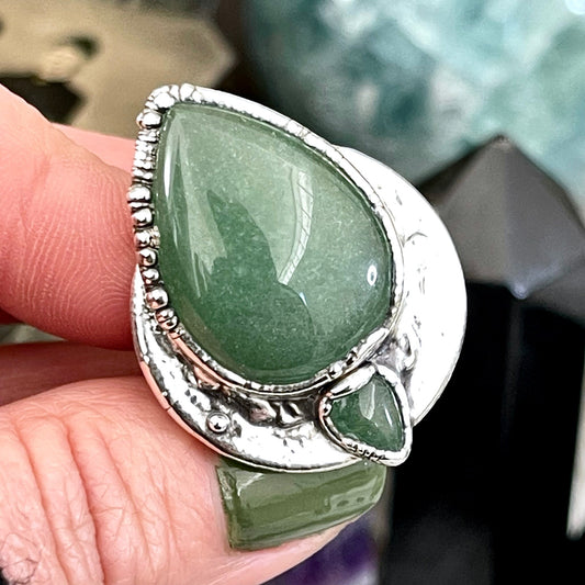 Size 8.5 Two Stone Ring- Green Aventurine Crystal Ring Fine Silver / Foxlark Collection - One of a Kind / Statement Jewelry